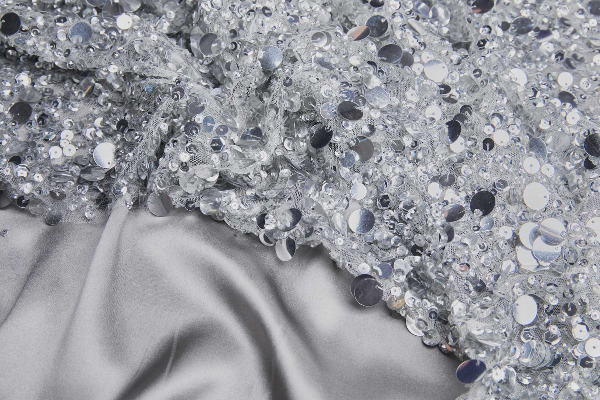 Mixed Sequins On Tulle - Silver fabric
