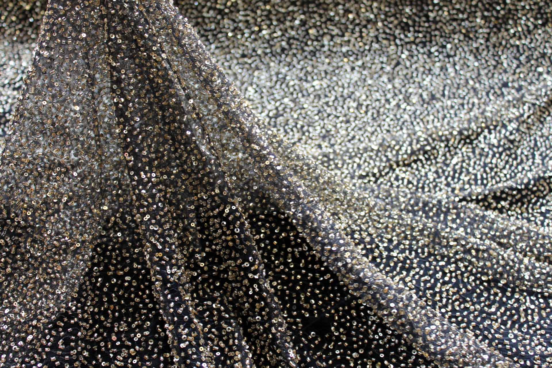 Beaded Nylon Tulle - Black / Gold fabric