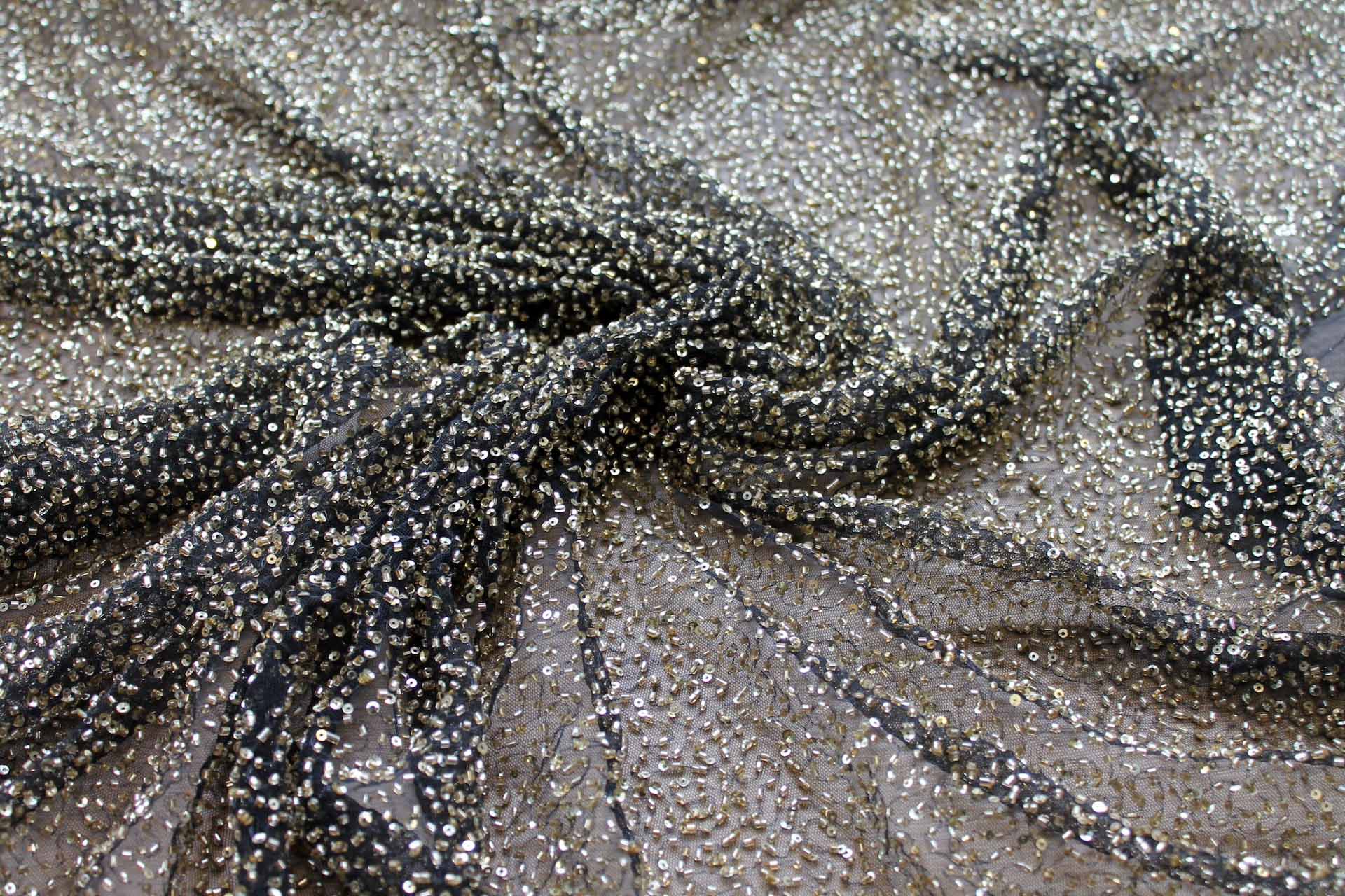 Beaded Nylon Tulle - Black / Gold fabric, image 2 of 7
