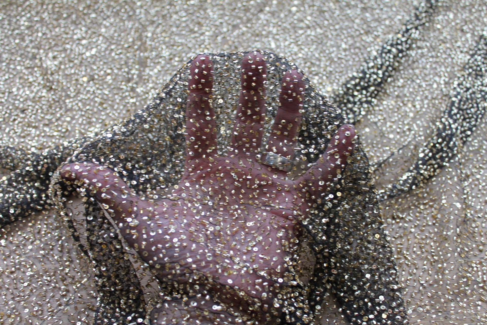 Beaded Nylon Tulle - Black / Gold fabric, image 5 of 7