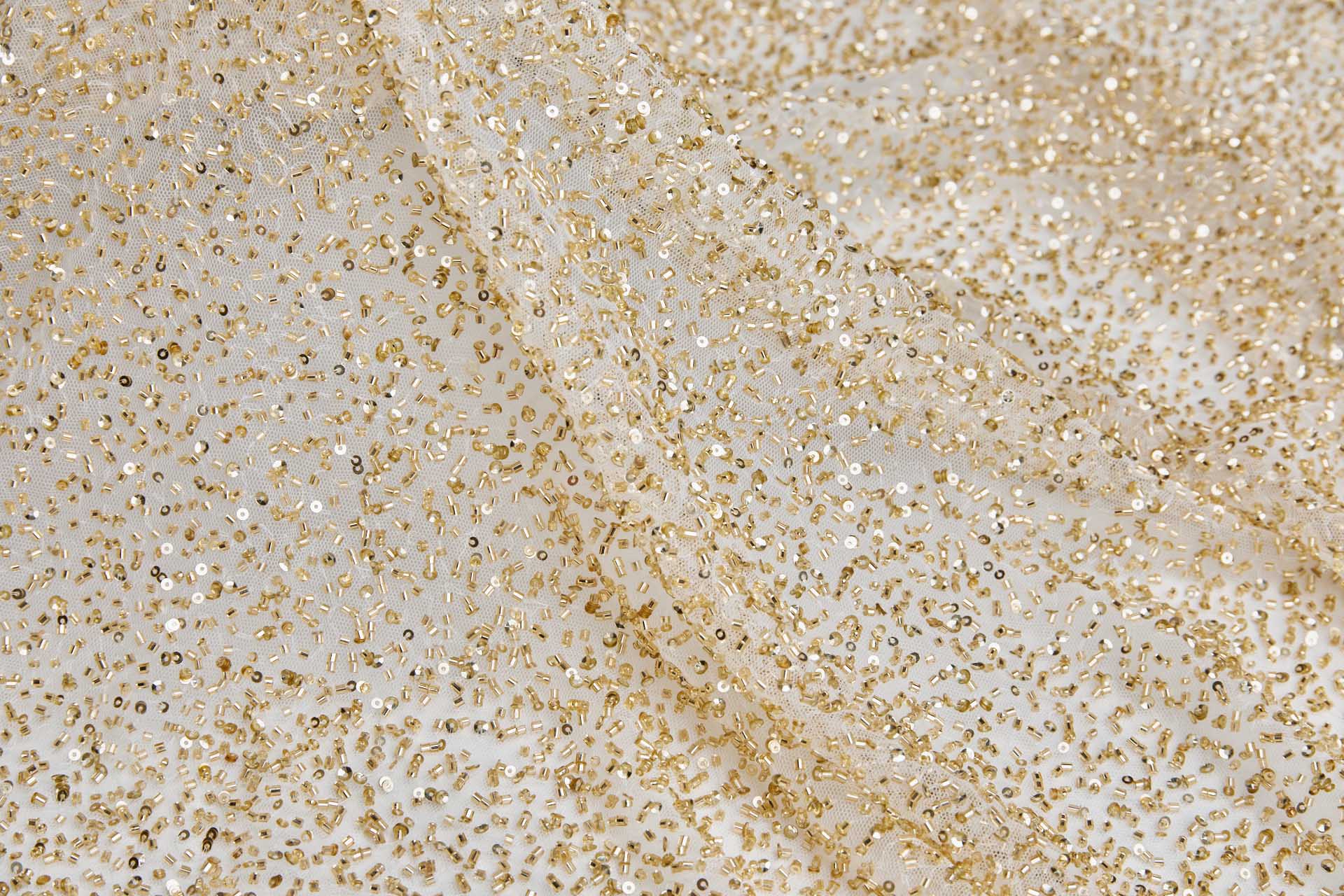 Beaded Nylon Tulle - Ivory / Gold fabric, image 5 of 8