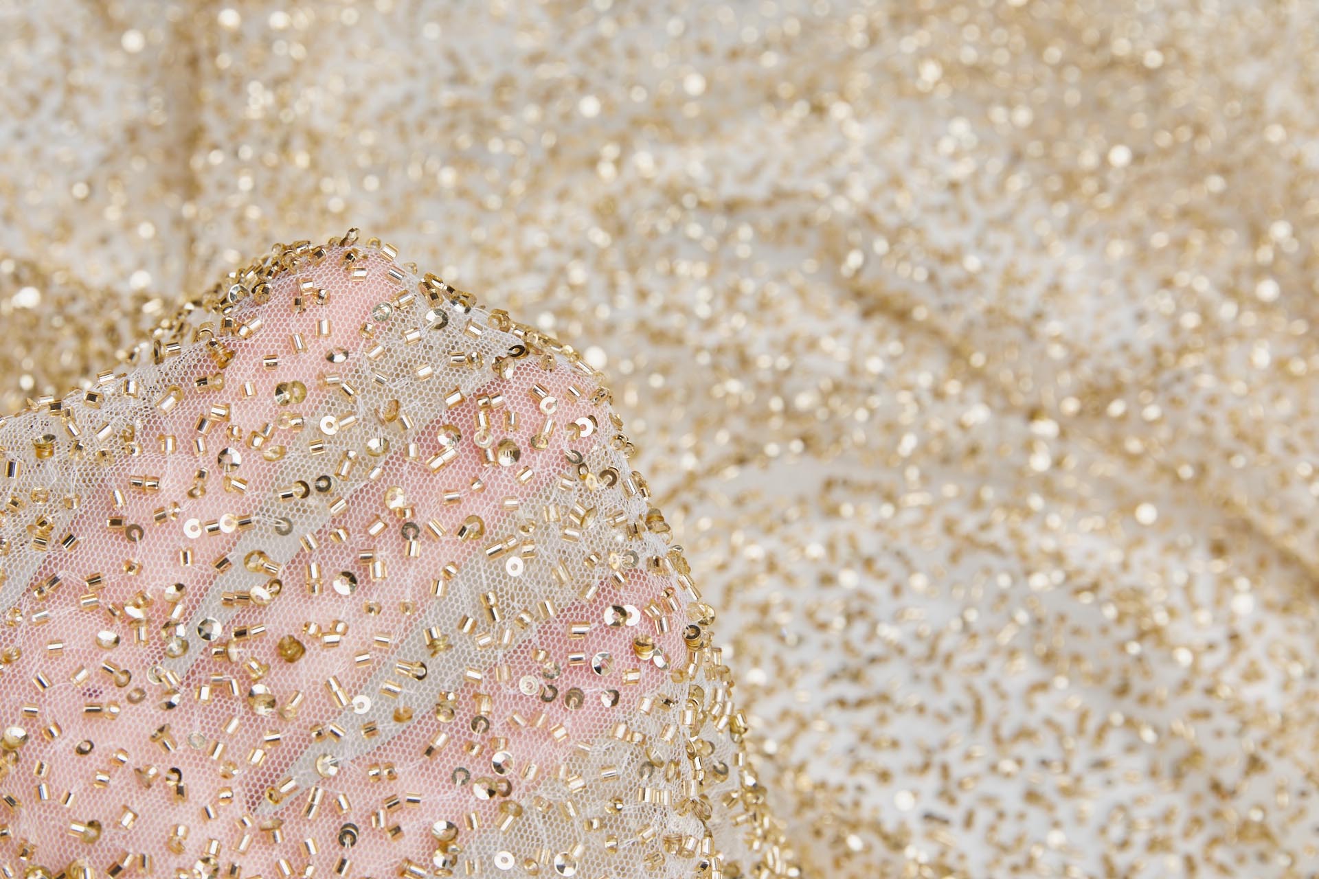 Beaded Nylon Tulle - Ivory / Gold fabric, image 6 of 8