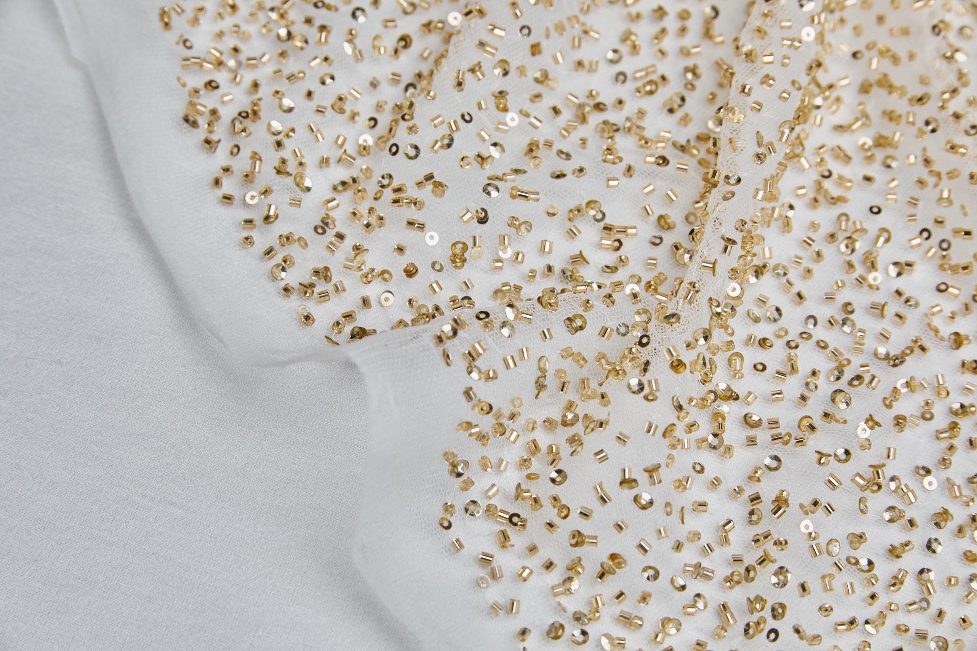 Beaded Nylon Tulle - Ivory / Gold fabric