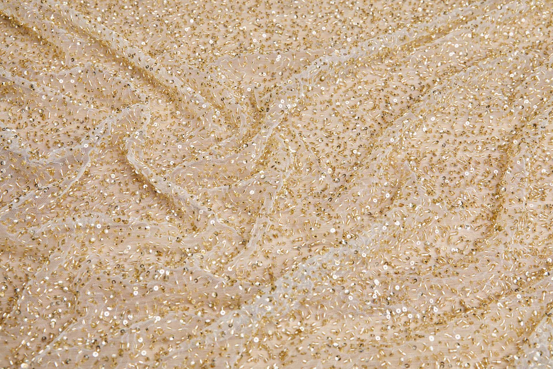 Beaded Nylon Tulle - Ivory / Gold fabric, image 7 of 8