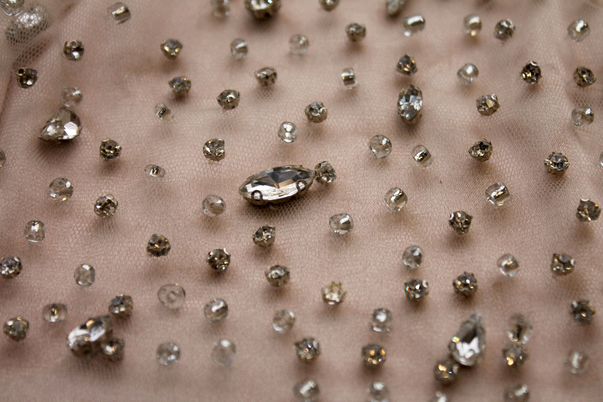 Clear Crystals and Glass Beads on Nude Nylon Tulle fabric, image 2 of 7