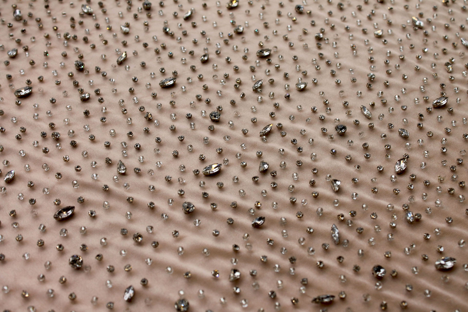 Clear Crystals and Glass Beads on Nude Nylon Tulle fabric, image 3 of 7