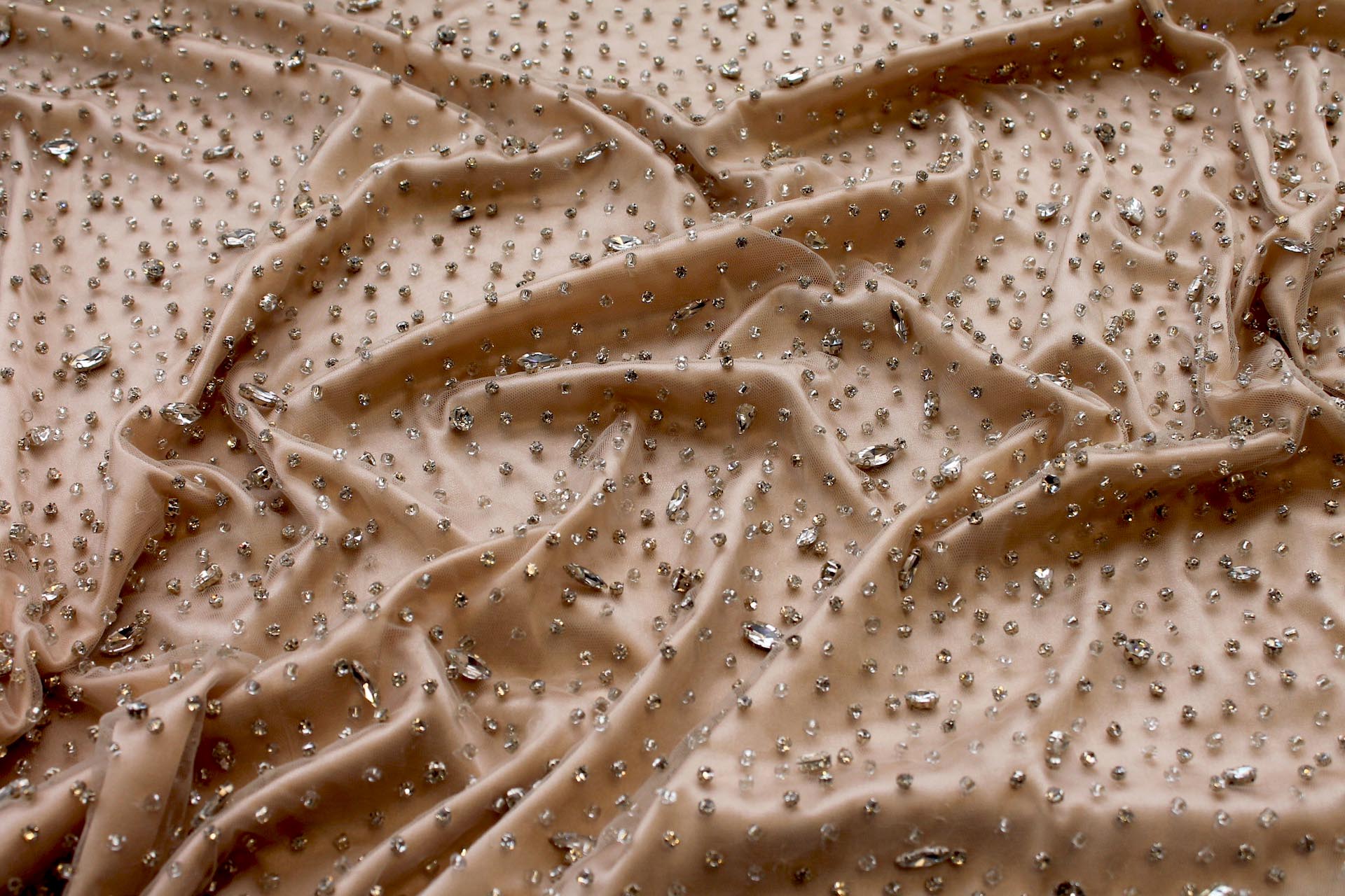 Clear Crystals and Glass Beads on Nude Nylon Tulle fabric, image 4 of 7