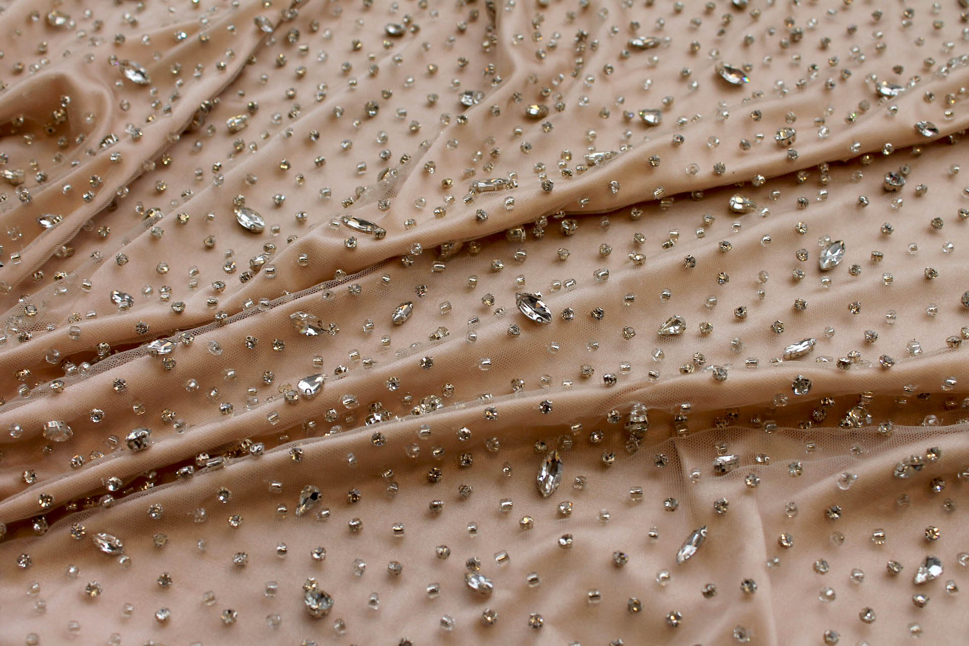 Clear Crystals and Glass Beads on Nude Nylon Tulle fabric, image 5 of 7