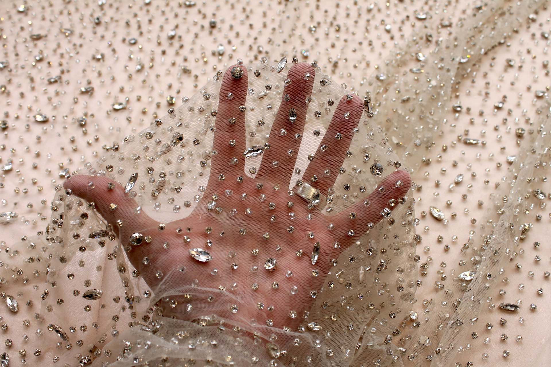 Clear Crystals and Glass Beads on Nude Nylon Tulle fabric, image 6 of 7