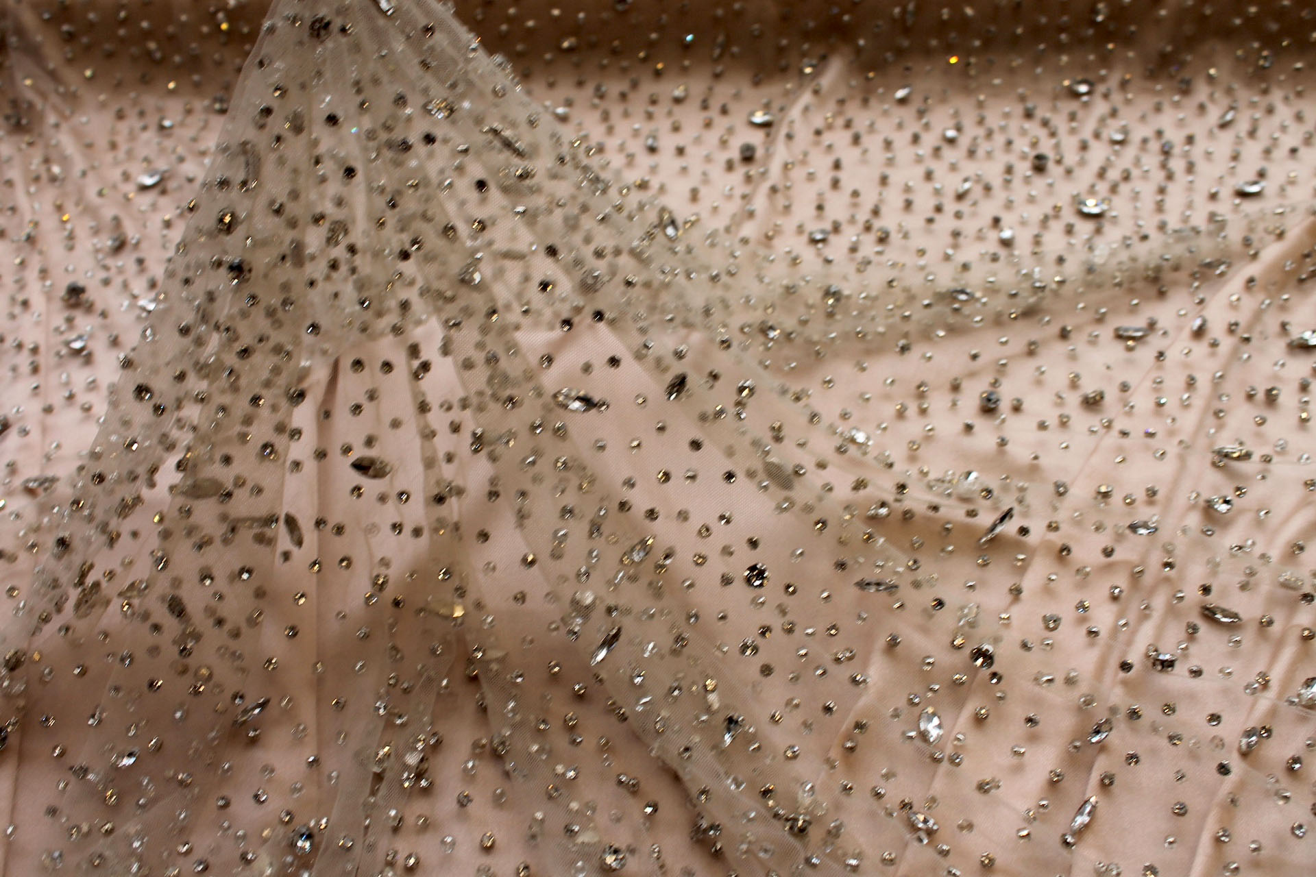 Clear Crystals and Glass Beads on Nude Nylon Tulle fabric, image 7 of 7