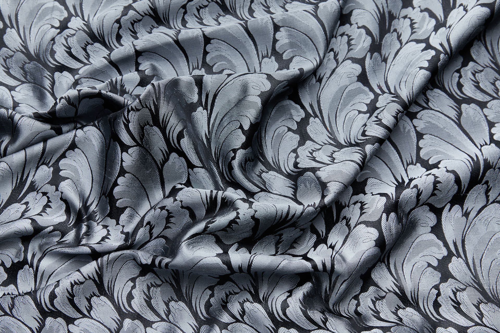 Compact Repeat Acanthus Leaf Reversible Silk Jacquard - Silver Grey and Black fabric, image 12 of 15