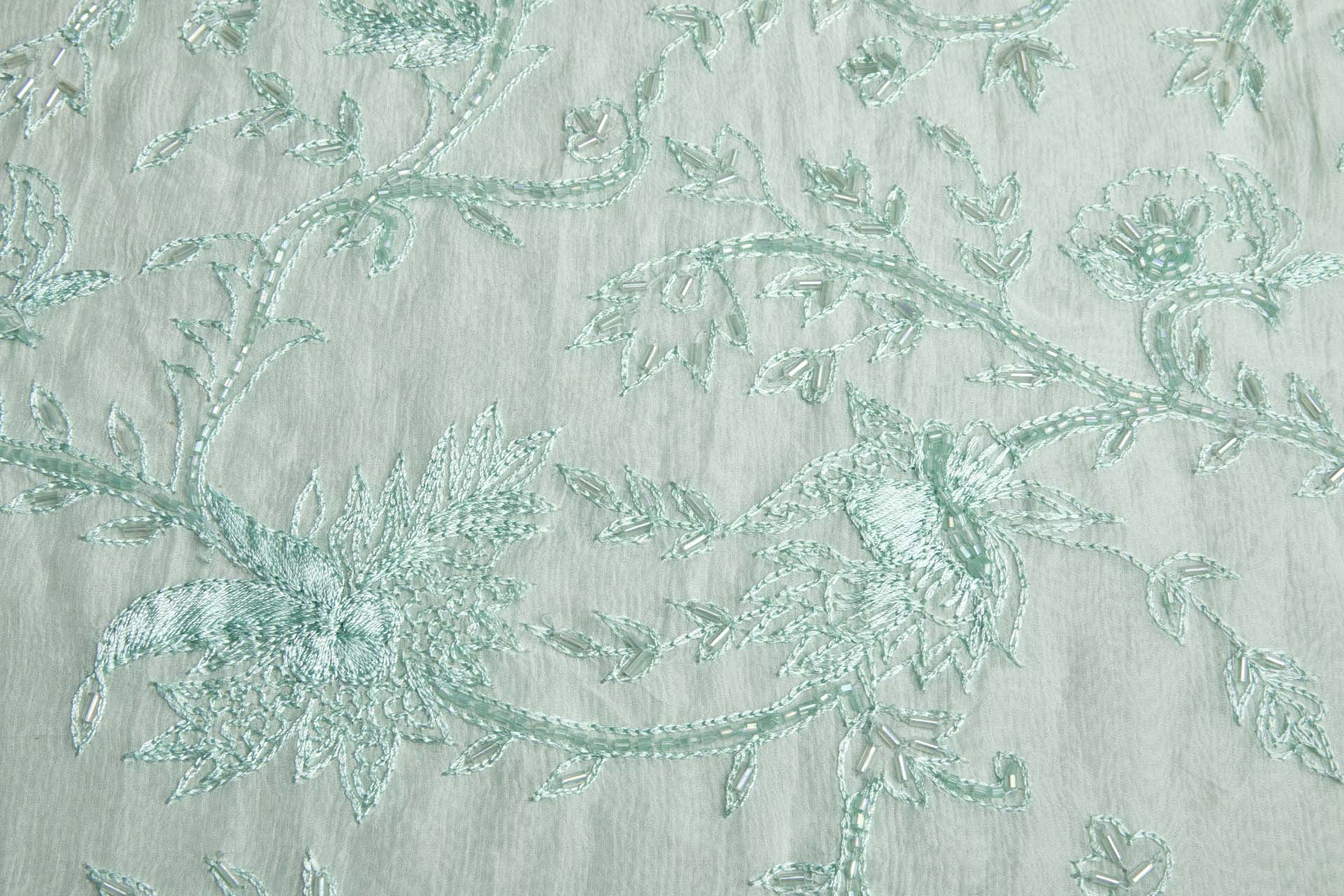 Vintage Hand Stitched and Beaded Silk Chiffon in Mint fabric, image 3 of 7