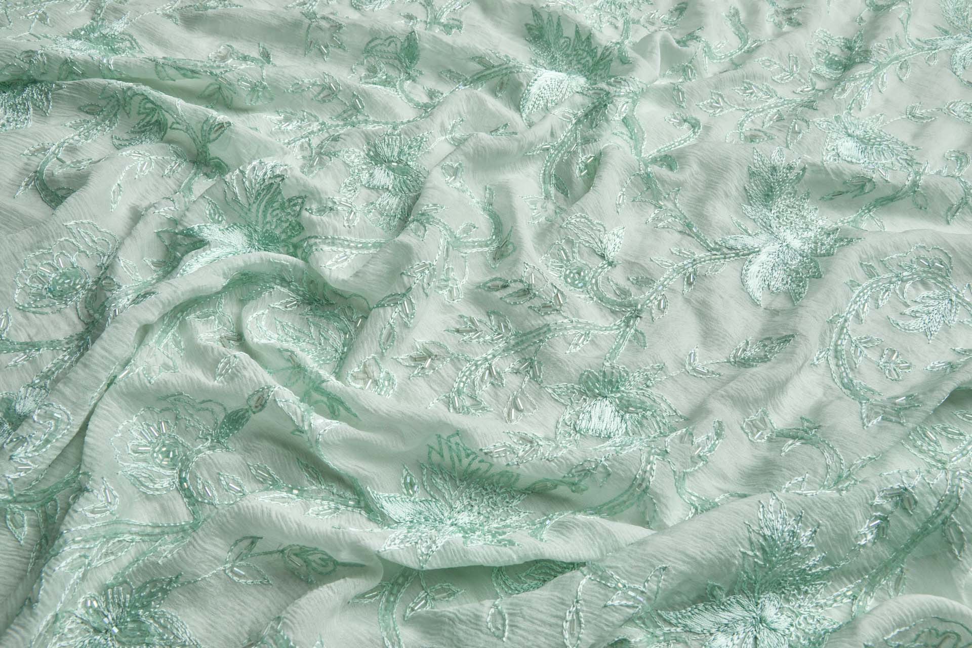 Vintage Hand Stitched and Beaded Silk Chiffon in Mint fabric, image 6 of 7