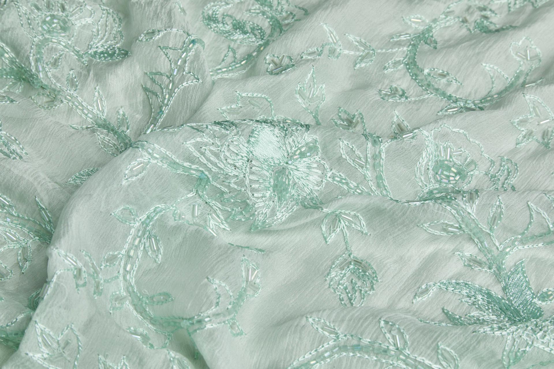 Vintage Hand Stitched and Beaded Silk Chiffon in Mint fabric