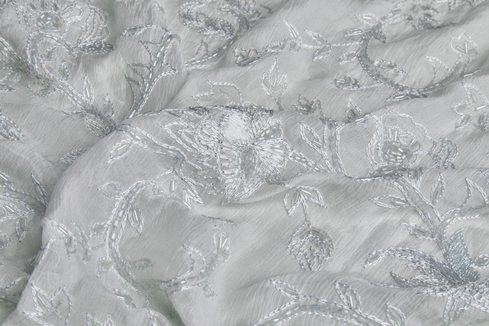 Vintage Hand Stitched and Beaded Silk Chiffon in Dusty Blue fabric