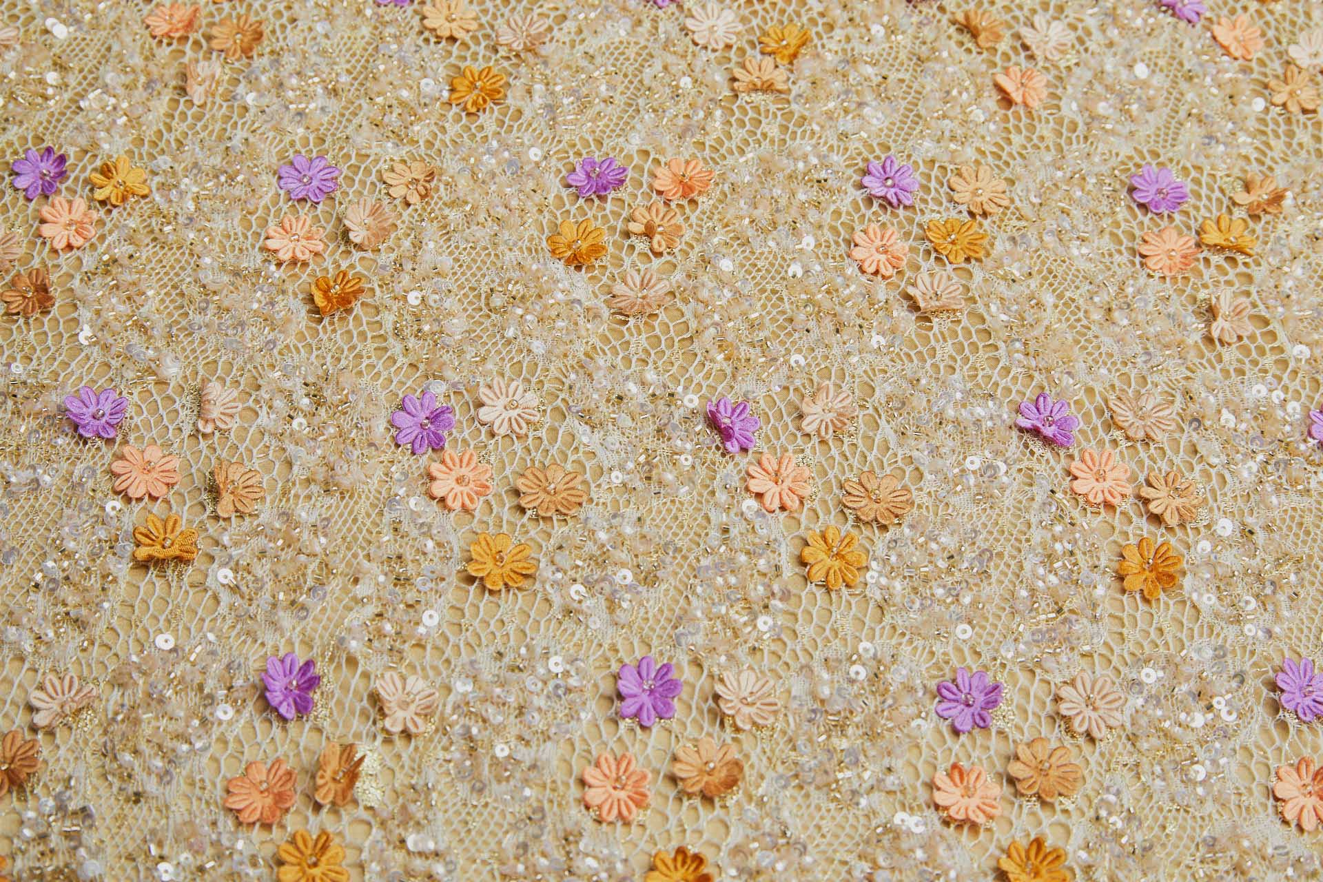 Dainty Purple, Saffron and Coral Flowers and Gold Sequins on Gold Lace fabric, image 9 of 9