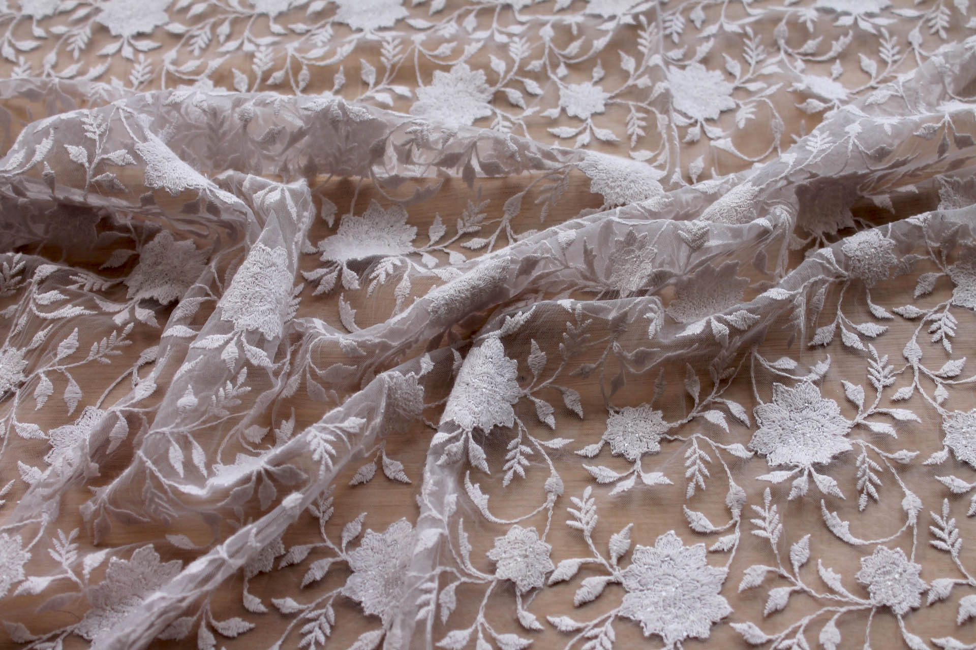Flower and Vine Embroidered Tulle - Grey fabric, image 2 of 8
