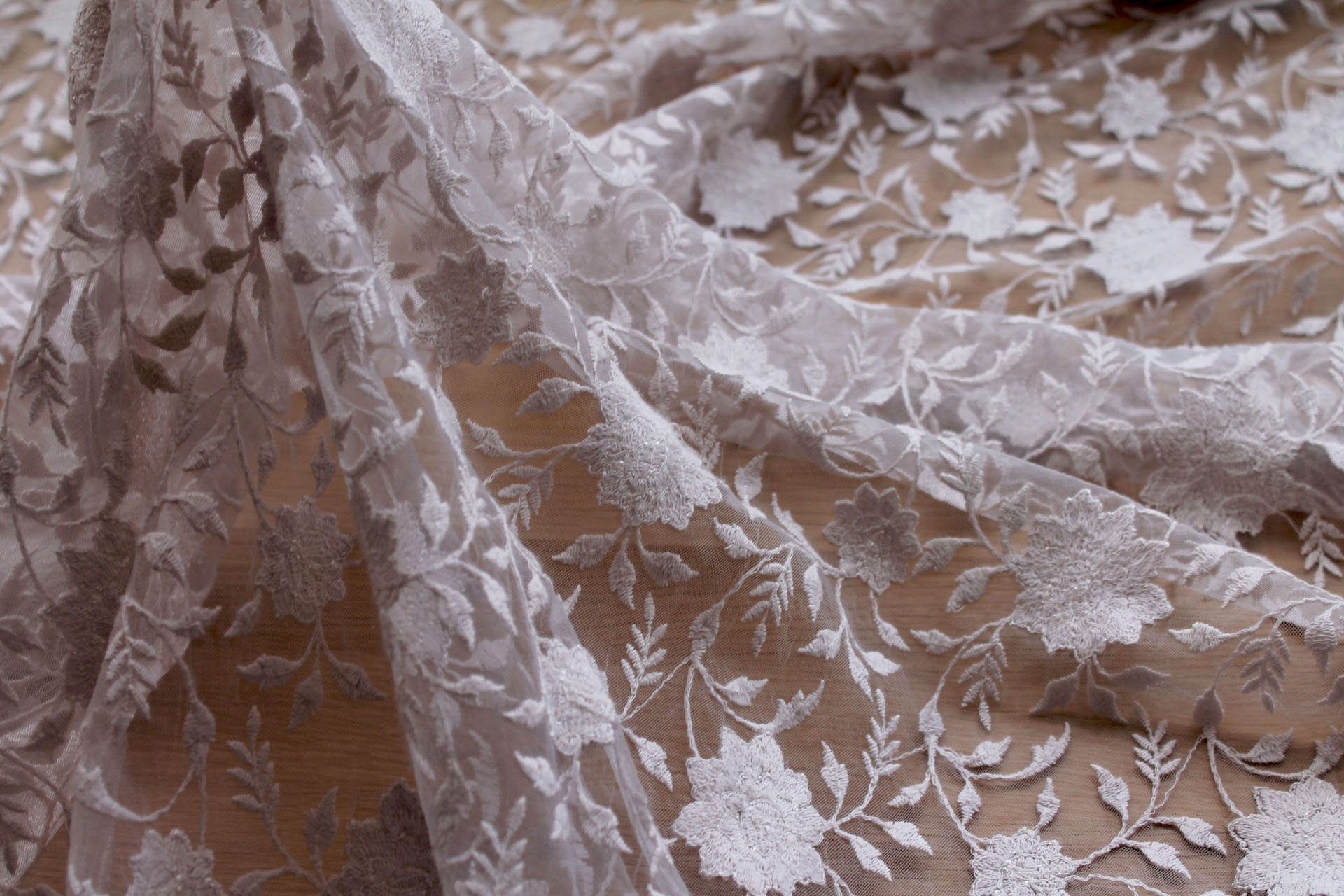 Flower and Vine Embroidered Tulle - Grey fabric, image 3 of 8