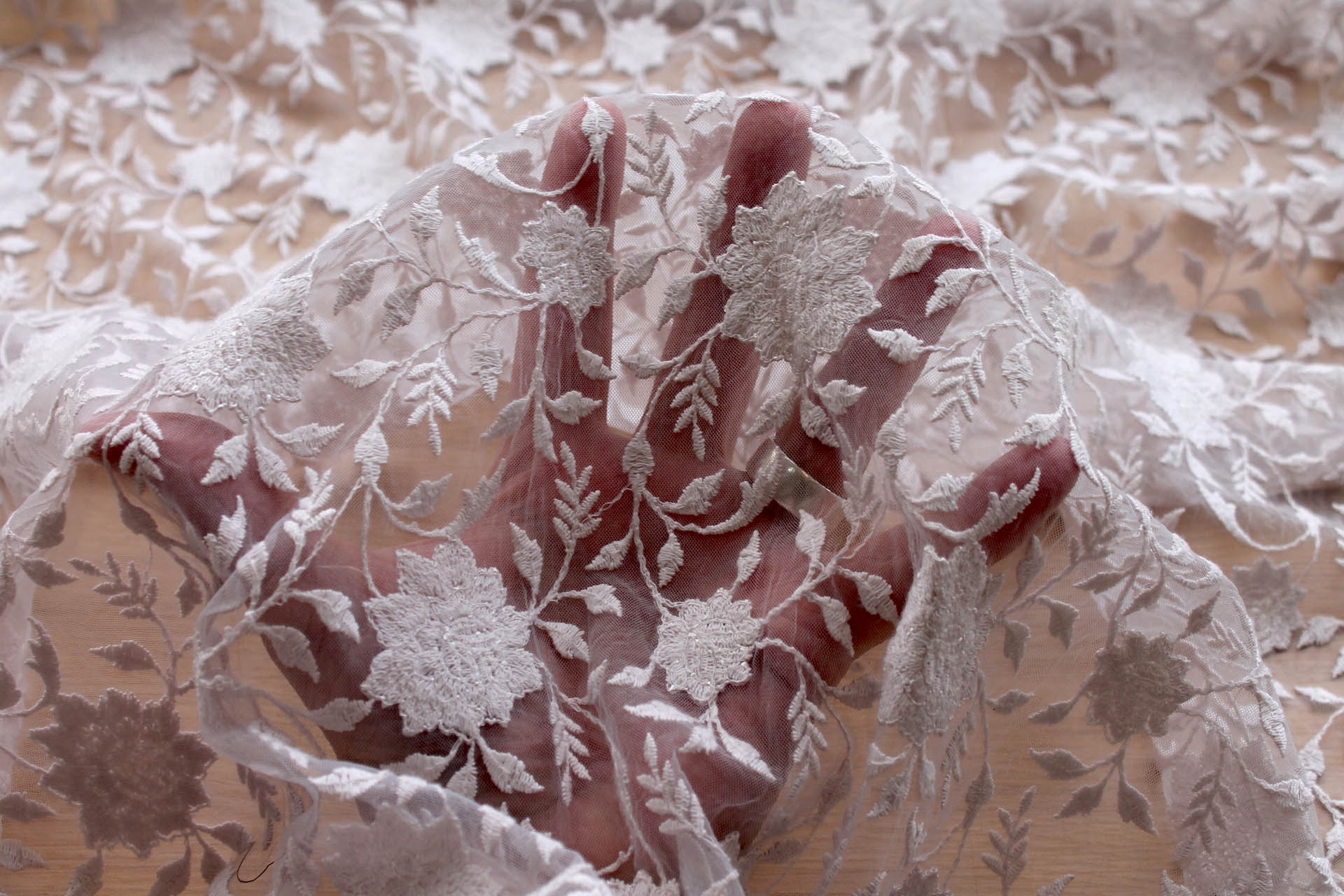 Flower and Vine Embroidered Tulle - Grey fabric, image 4 of 8