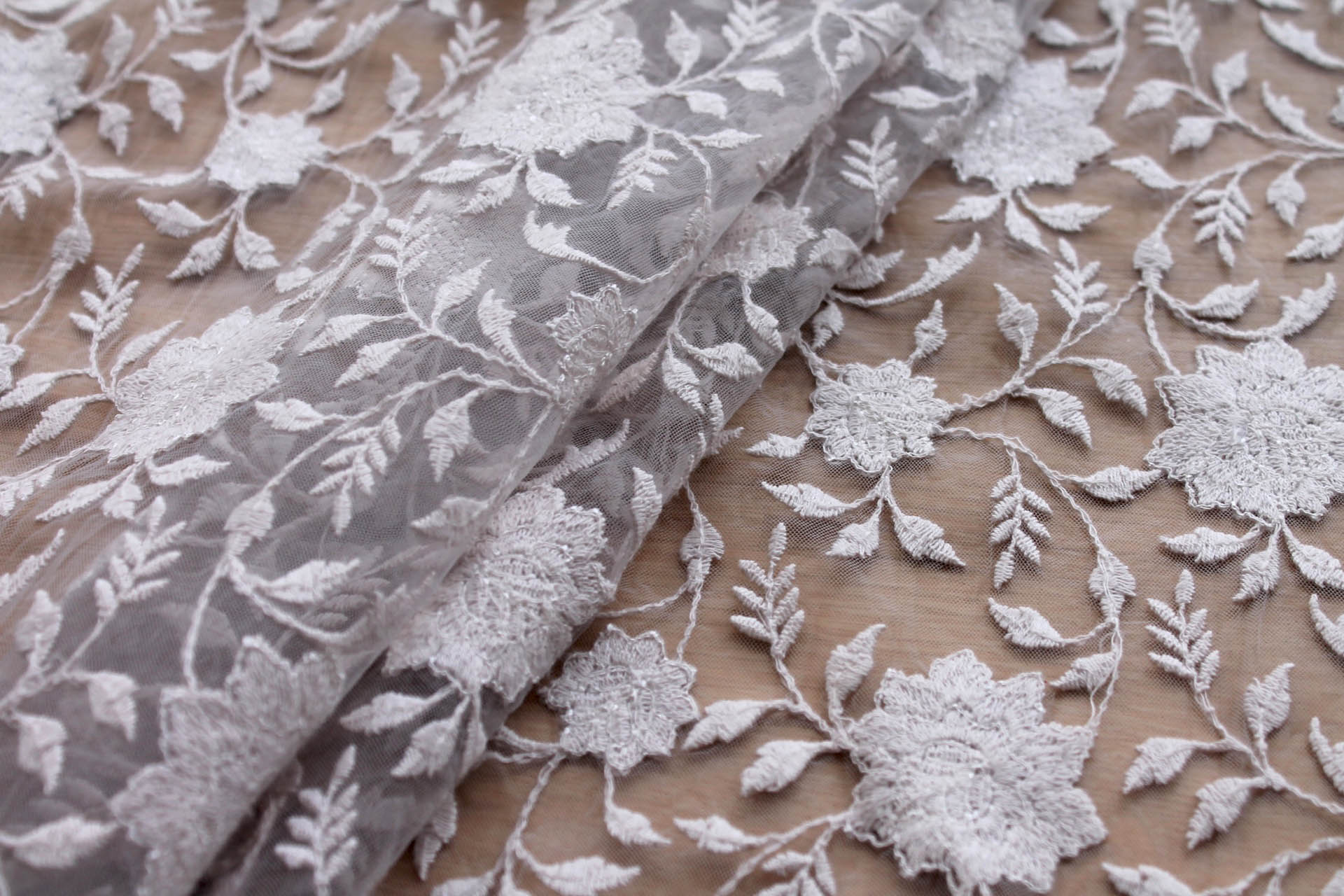 Flower and Vine Embroidered Tulle - Grey fabric