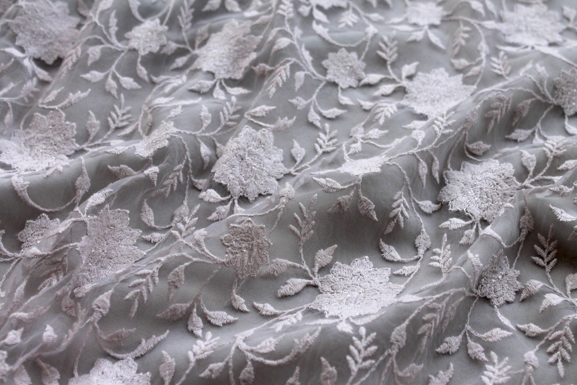 Flower and Vine Embroidered Tulle - Grey fabric, image 5 of 8