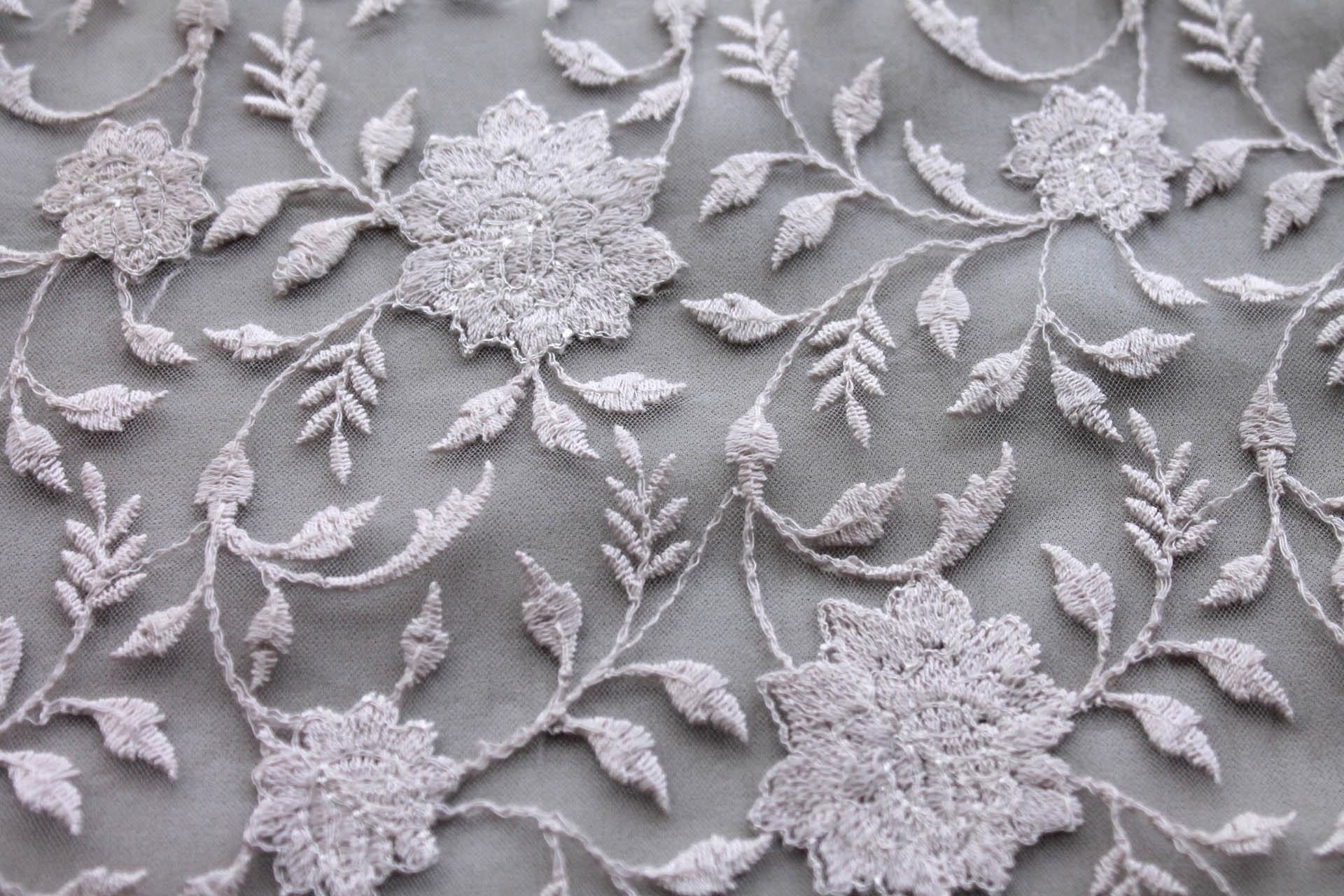 Flower and Vine Embroidered Tulle - Grey fabric, image 6 of 8