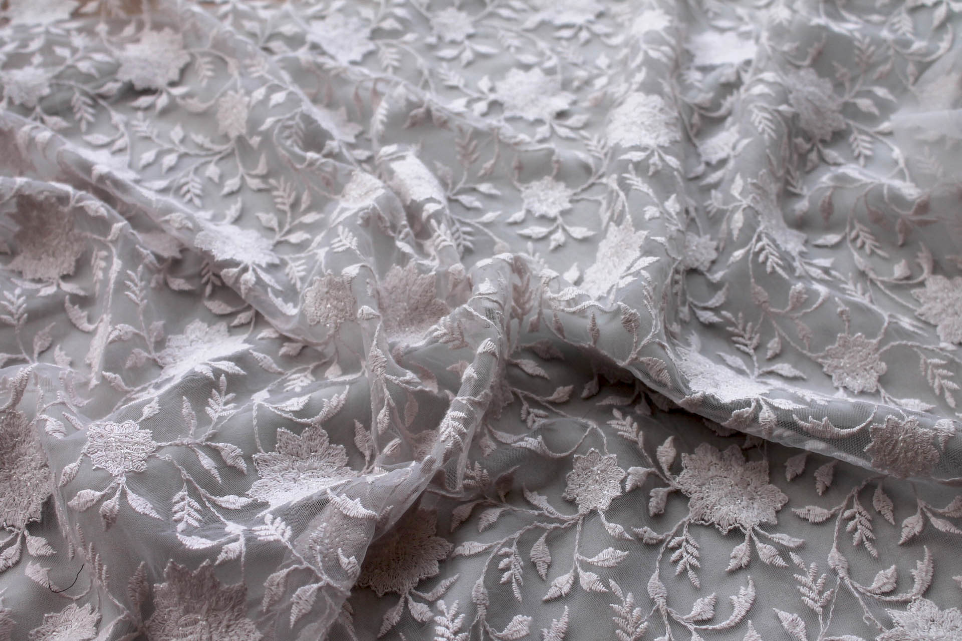 Flower and Vine Embroidered Tulle - Grey fabric, image 7 of 8