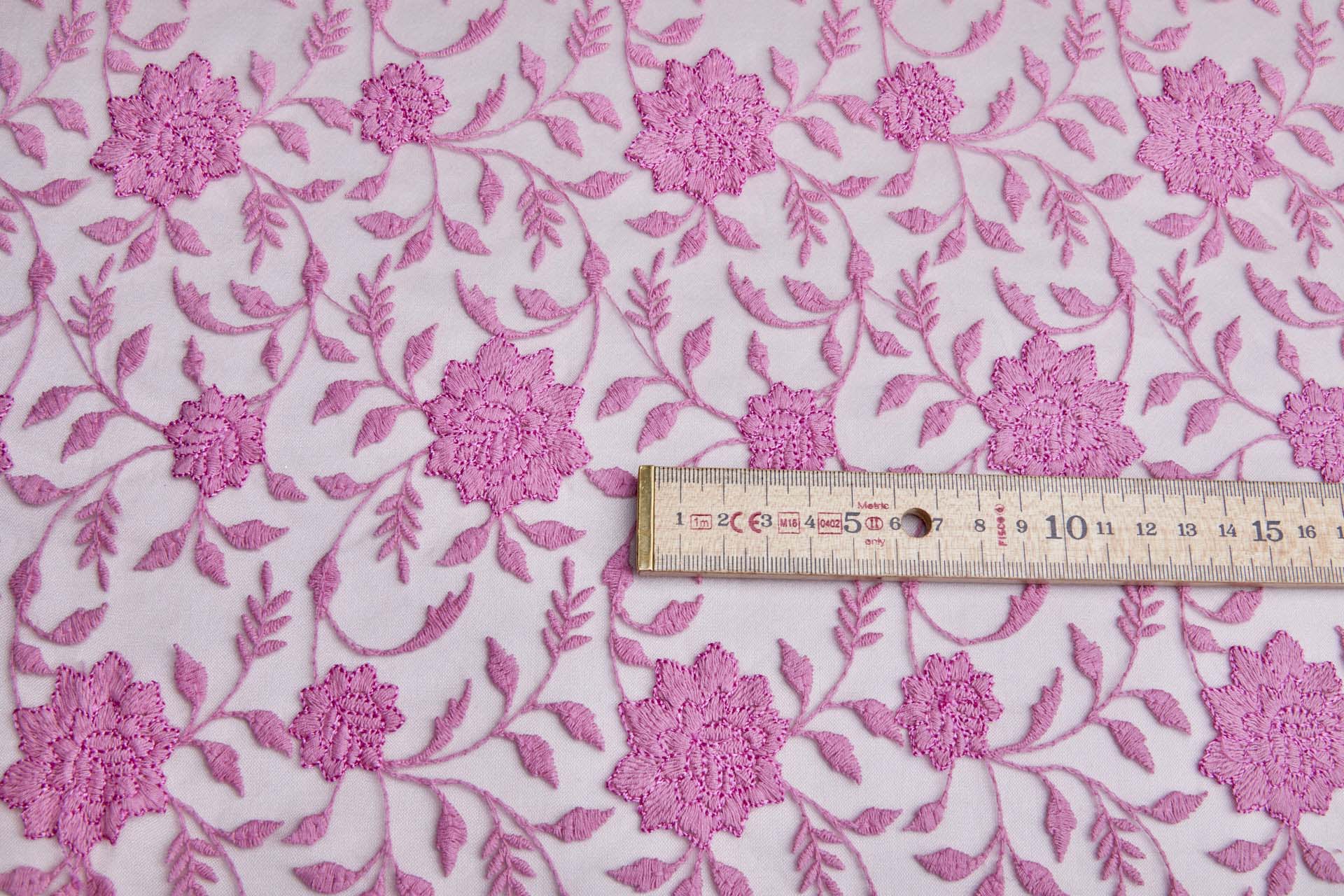Flower and Vine Embroidered Tulle - Persian Pink fabric, image 2 of 10