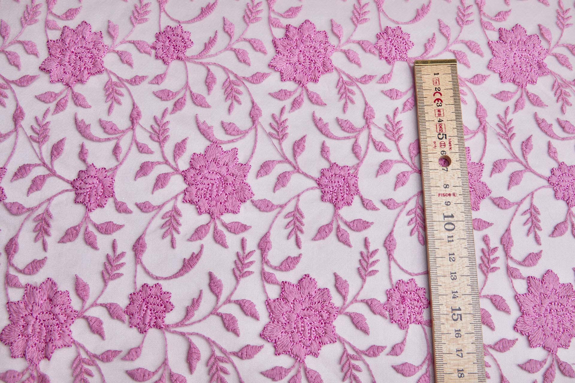 Flower and Vine Embroidered Tulle - Persian Pink fabric, image 3 of 10
