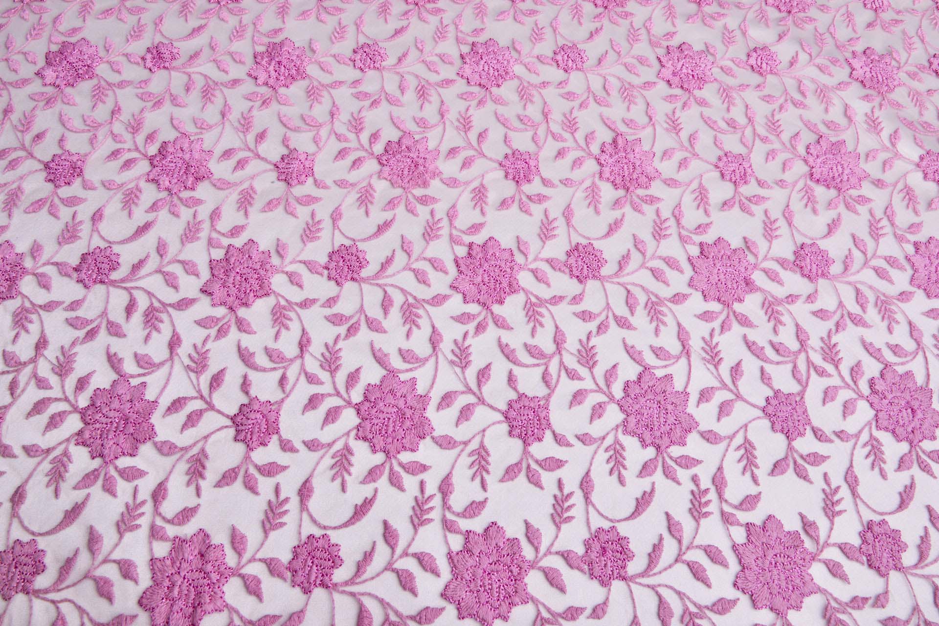 Flower and Vine Embroidered Tulle - Persian Pink fabric, image 4 of 10