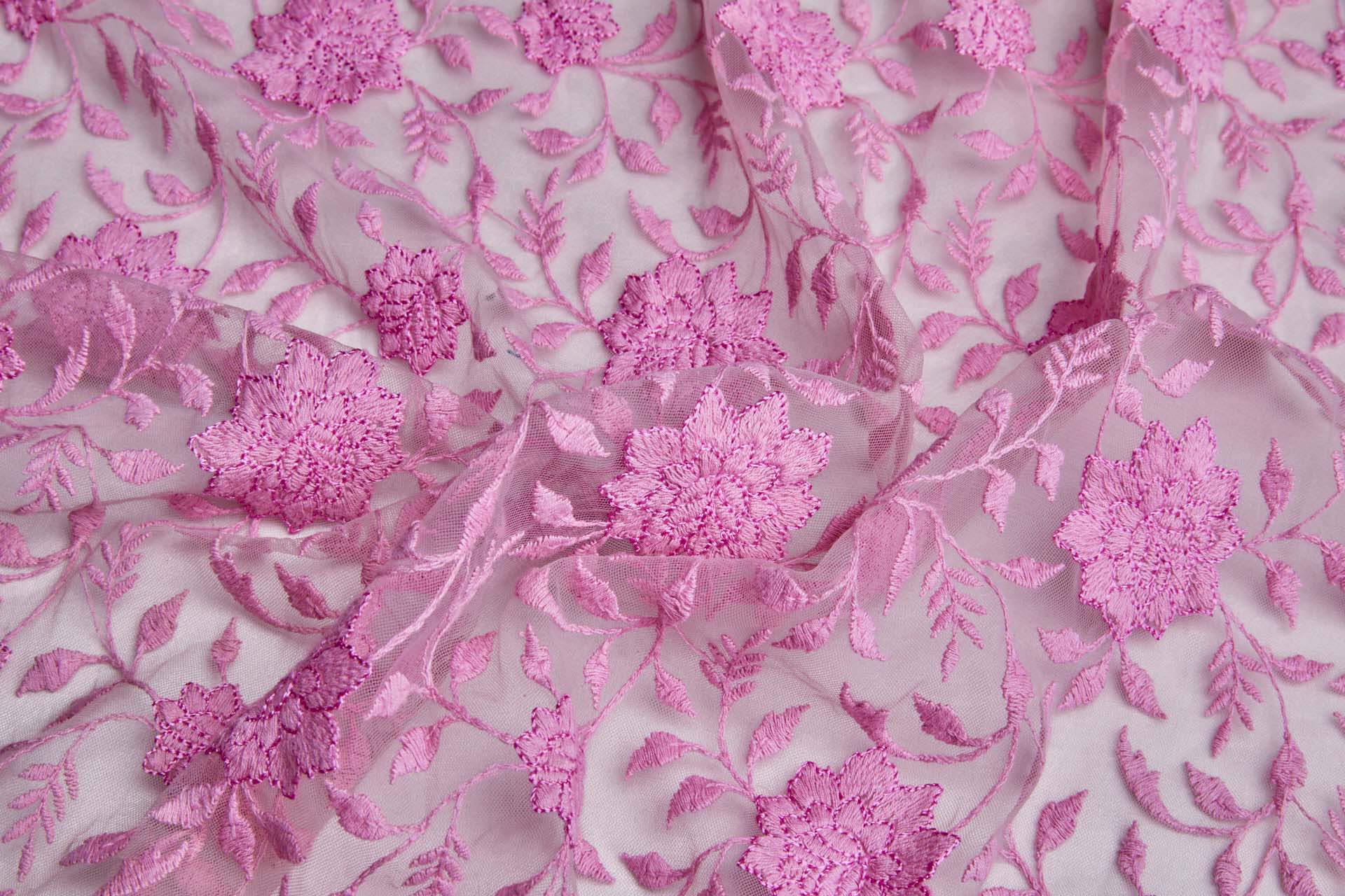 Flower and Vine Embroidered Tulle - Persian Pink fabric, image 5 of 10
