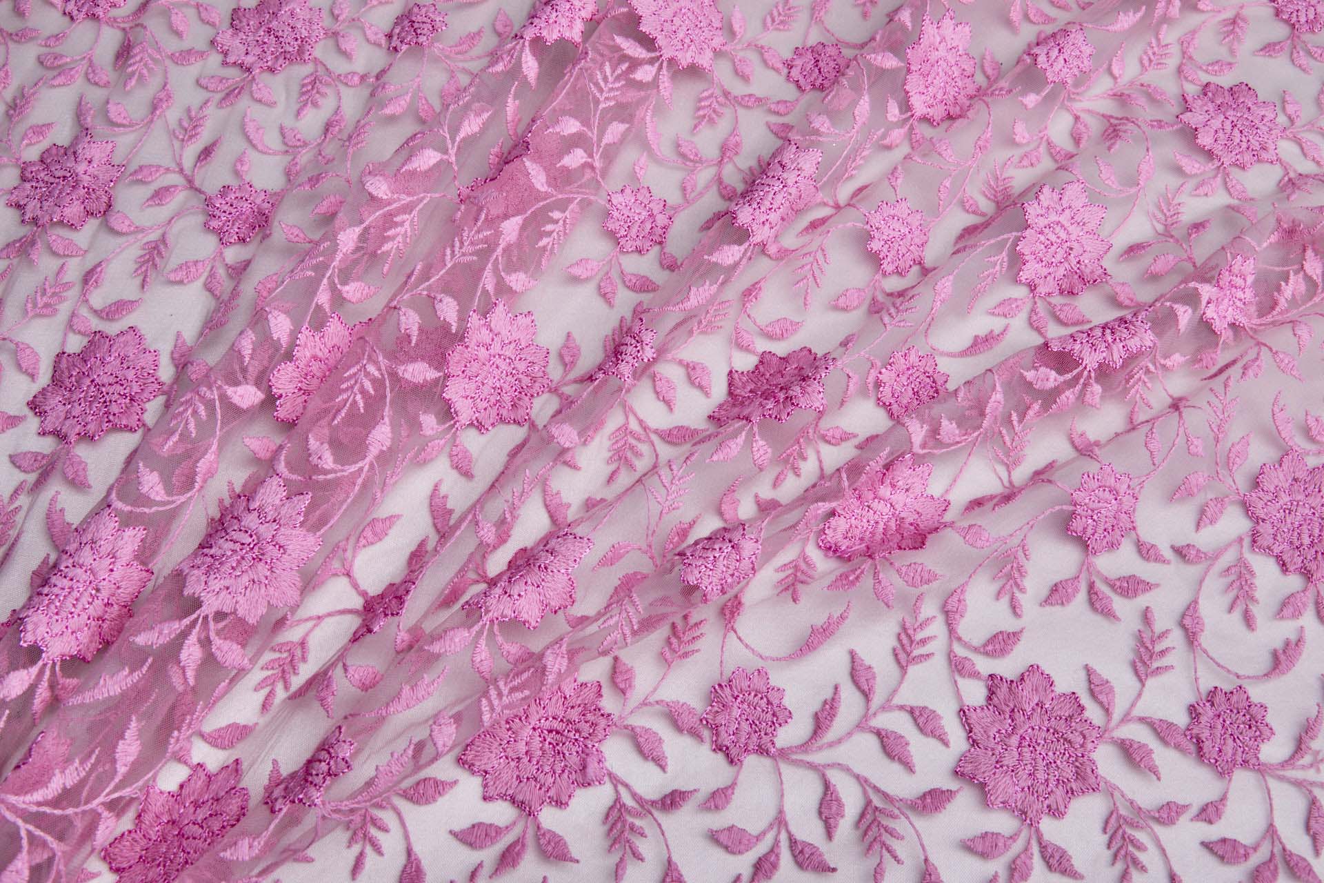 Flower and Vine Embroidered Tulle - Persian Pink fabric, image 6 of 10