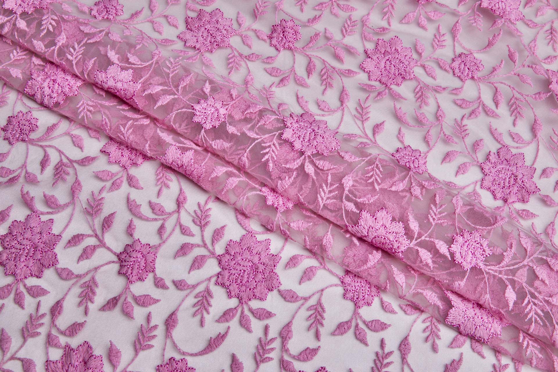 Flower and Vine Embroidered Tulle - Persian Pink fabric, image 7 of 10