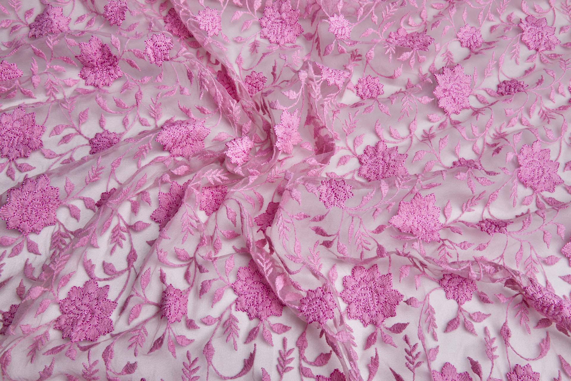 Flower and Vine Embroidered Tulle - Persian Pink fabric, image 8 of 10