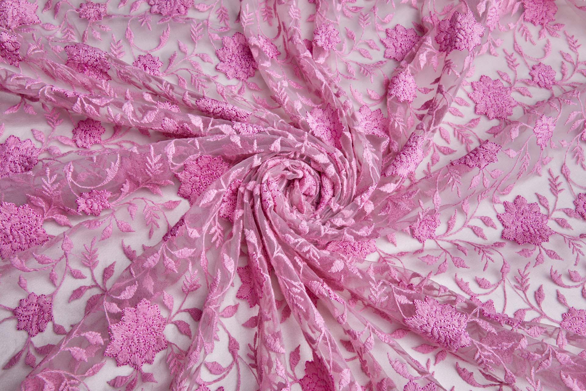 Flower and Vine Embroidered Tulle - Persian Pink fabric