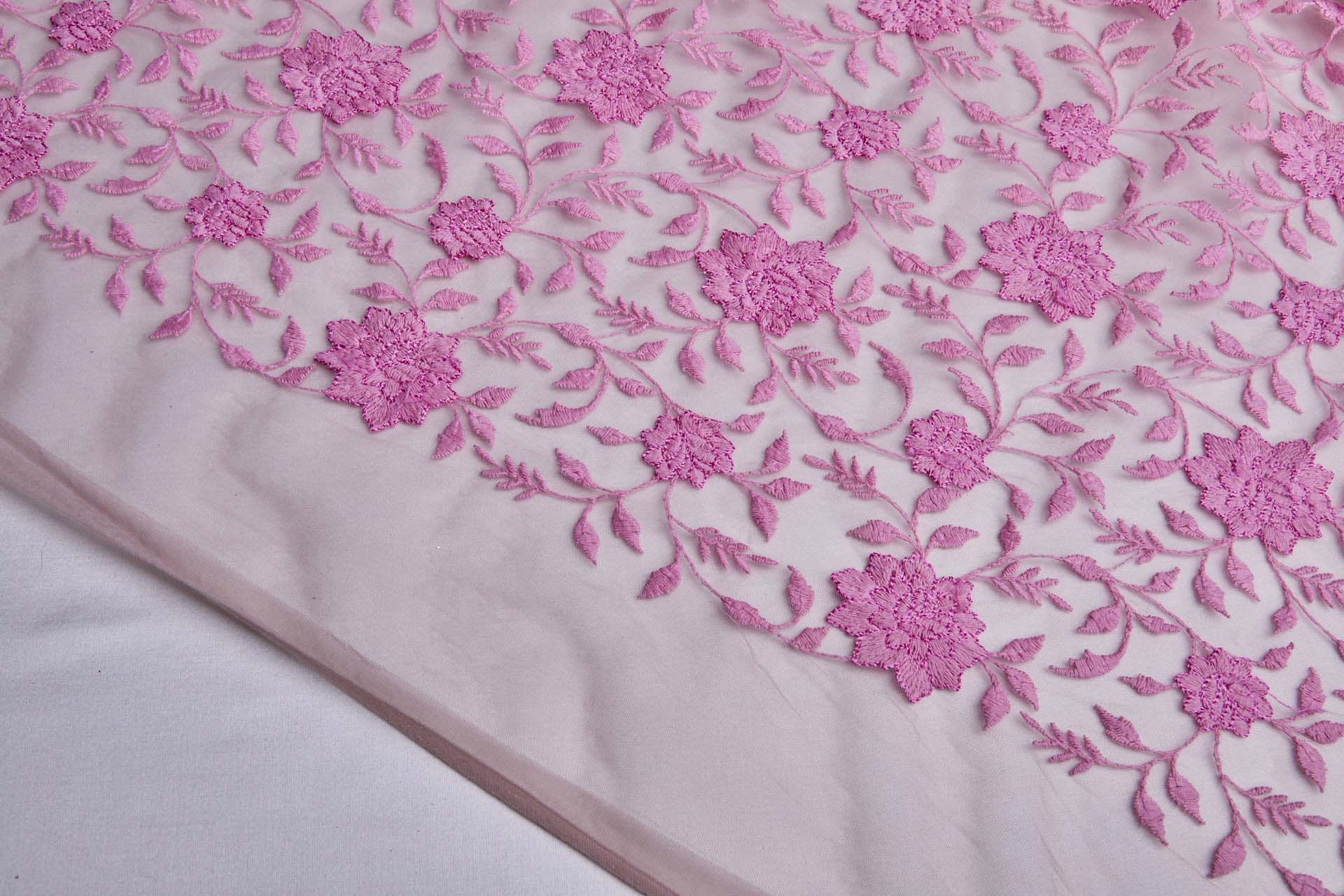 Flower and Vine Embroidered Tulle - Persian Pink fabric, image 9 of 10