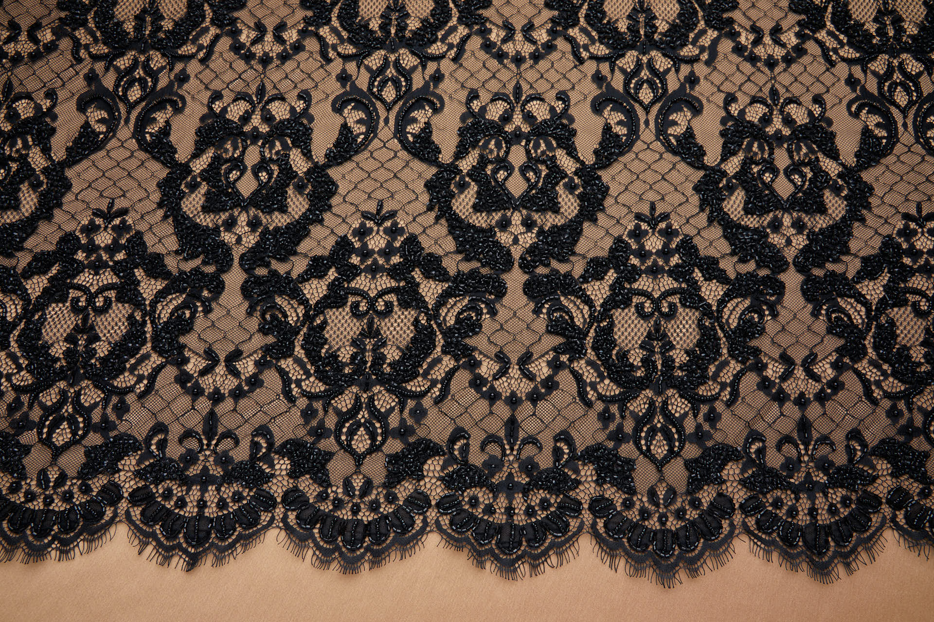 Ornate Beaded Leavers Lace in Black fabric, image 4 of 11
