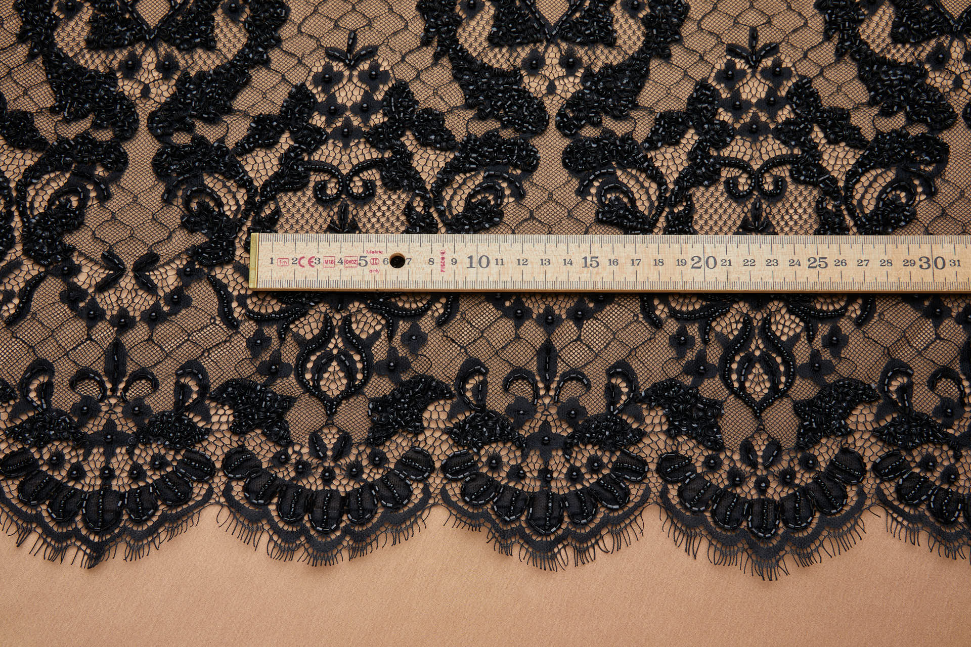 Ornate Beaded Leavers Lace in Black fabric, image 7 of 11