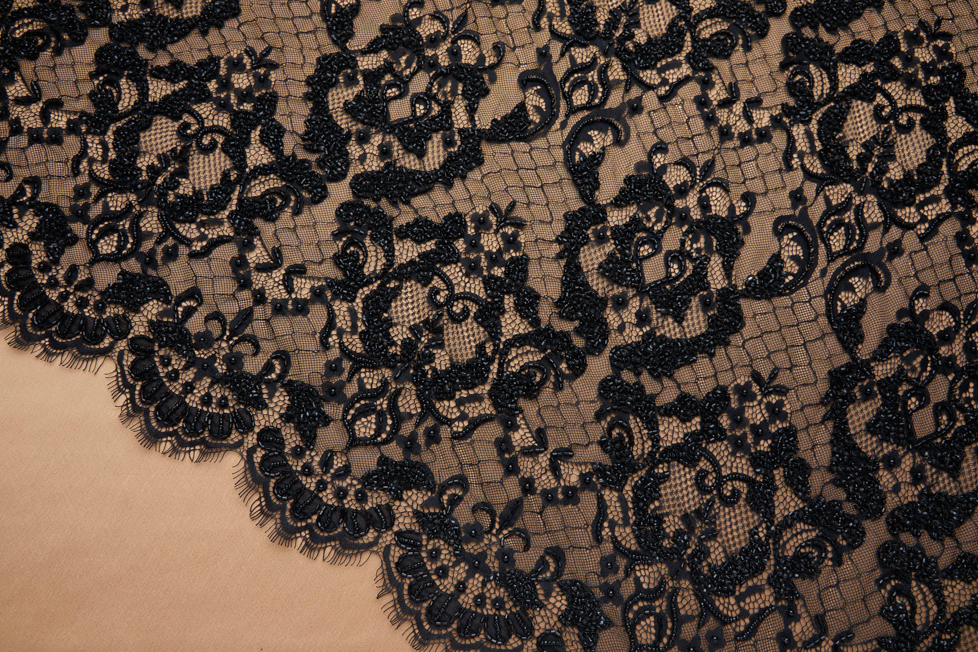 Ornate Beaded Leavers Lace in Black fabric, image 2 of 11