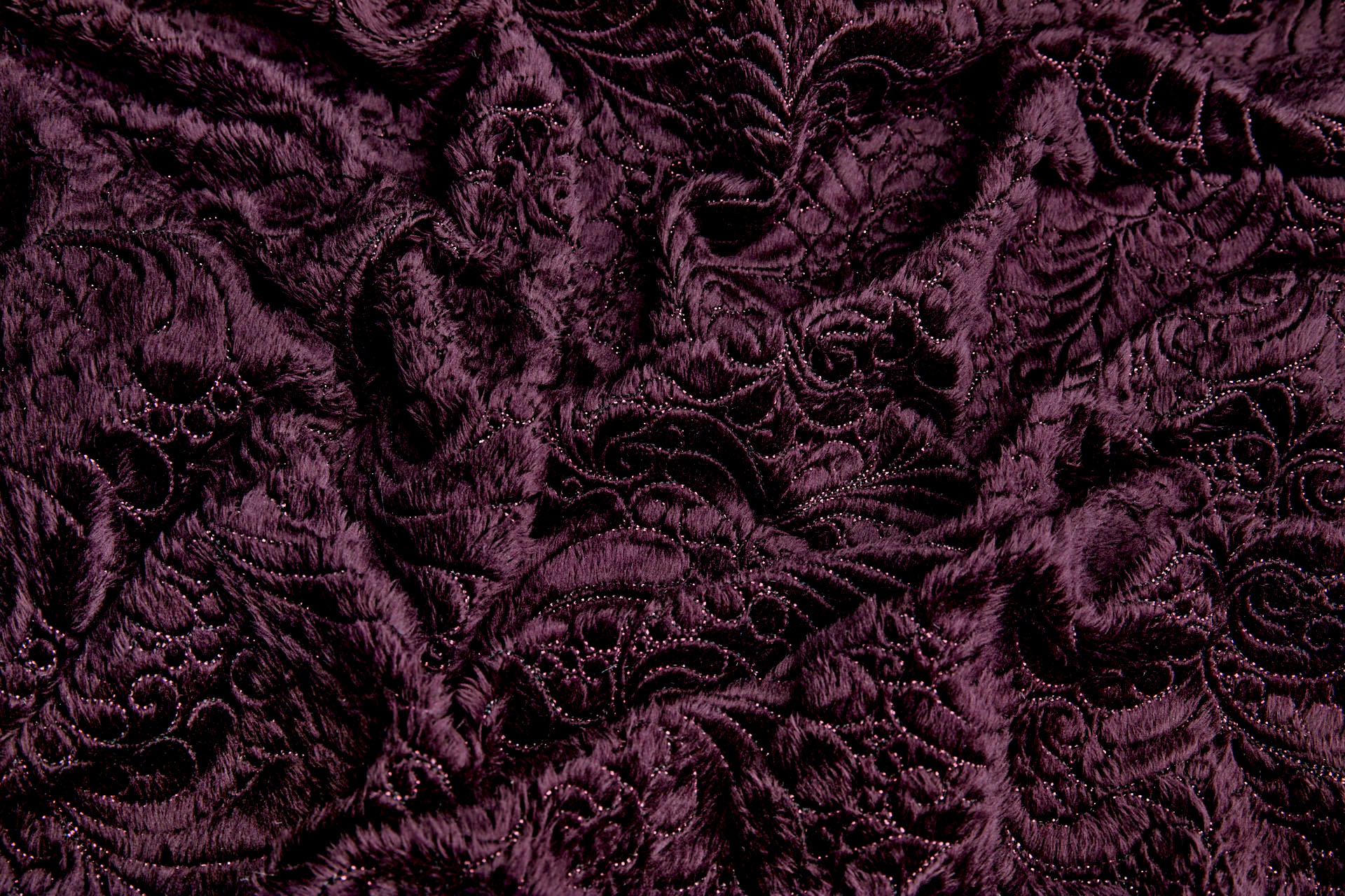 Burgundy Fluffy Short Pile Faux Fur with Ornate Leaf Embroidery fabric, image 4 of 7