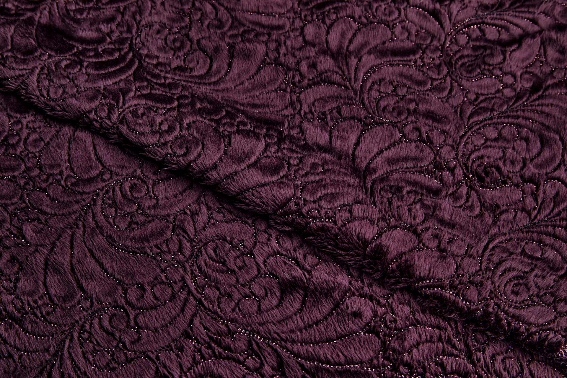 Burgundy Fluffy Short Pile Faux Fur with Ornate Leaf Embroidery fabric