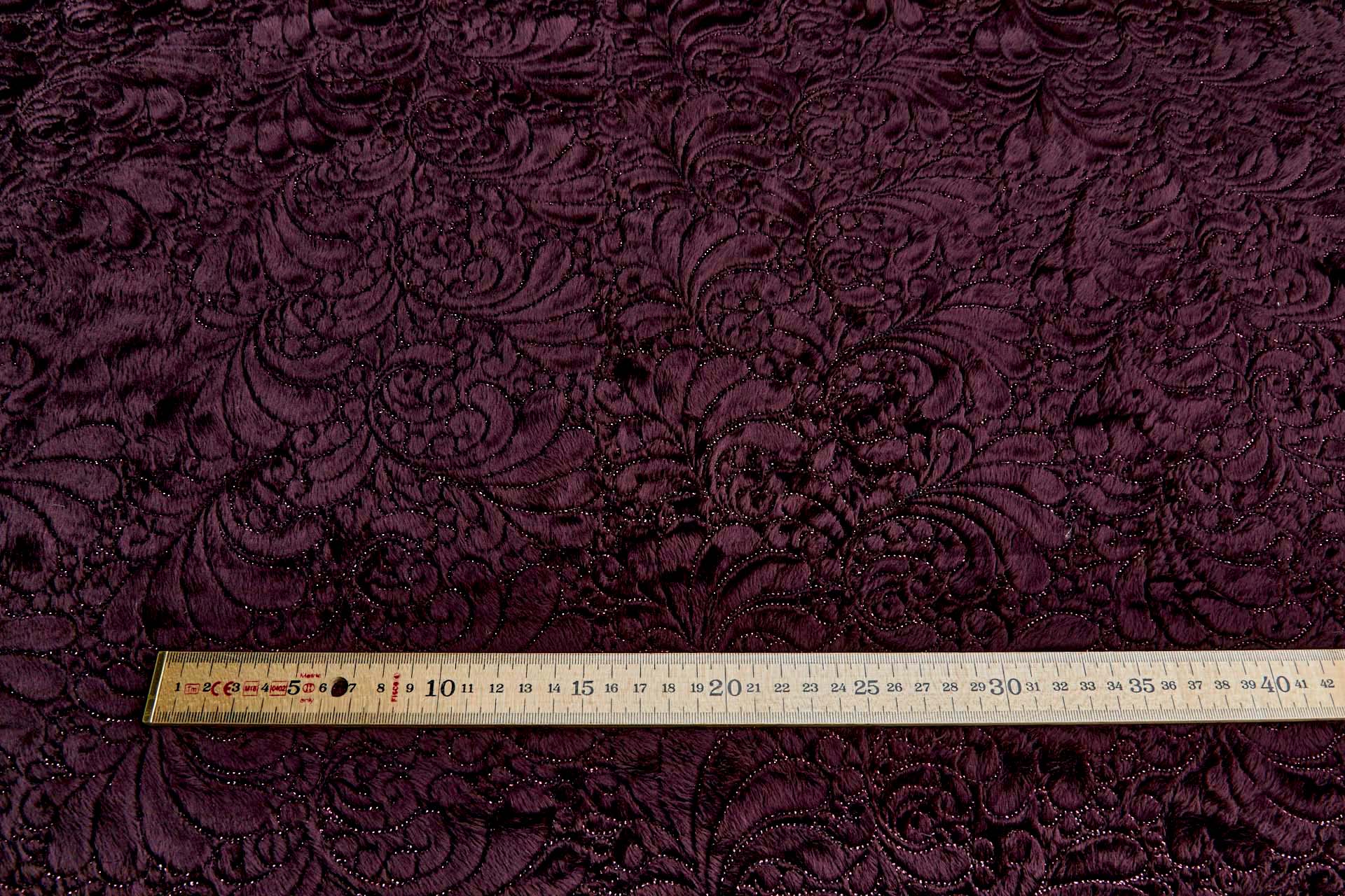 Burgundy Fluffy Short Pile Faux Fur with Ornate Leaf Embroidery fabric, image 6 of 7