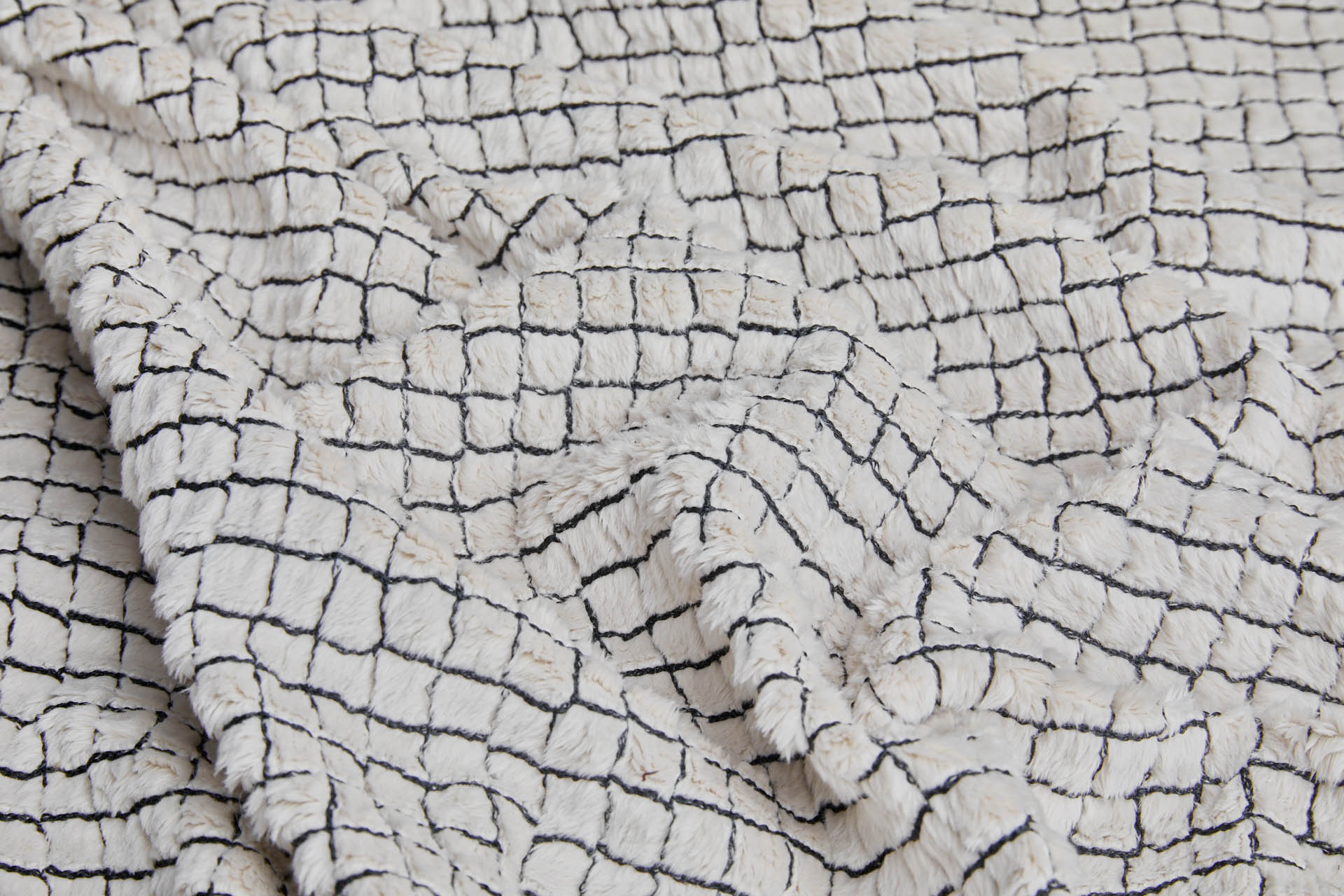 Stone Fluffy Short Pile Faux Fur with Black Grid Embroidery fabric, image 7 of 7