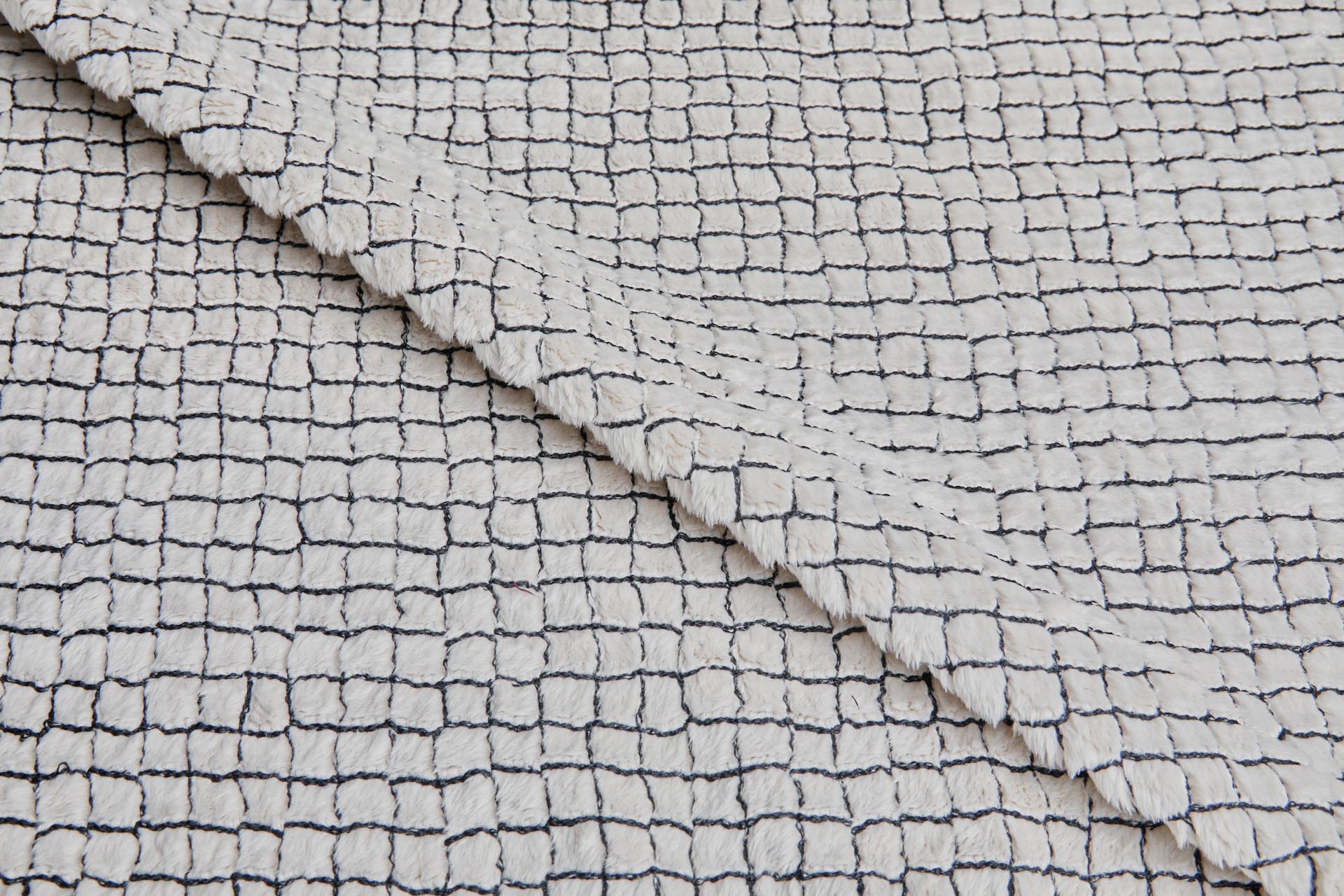 Stone Fluffy Short Pile Faux Fur with Black Grid Embroidery fabric, image 4 of 7
