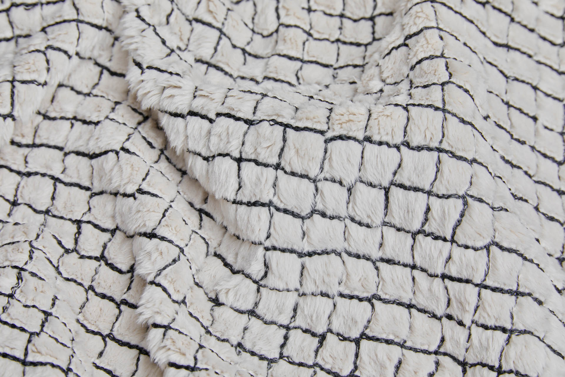 Stone Fluffy Short Pile Faux Fur with Black Grid Embroidery fabric, image 5 of 7