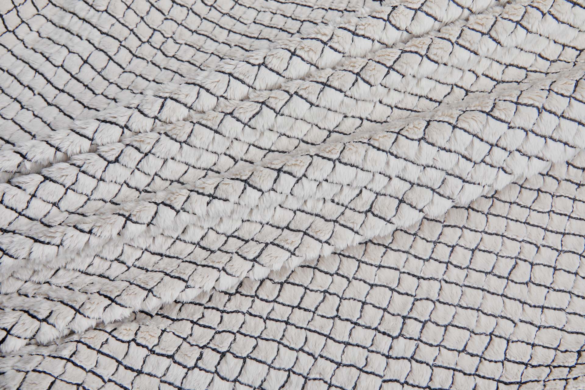 Stone Fluffy Short Pile Faux Fur with Black Grid Embroidery fabric, image 6 of 7