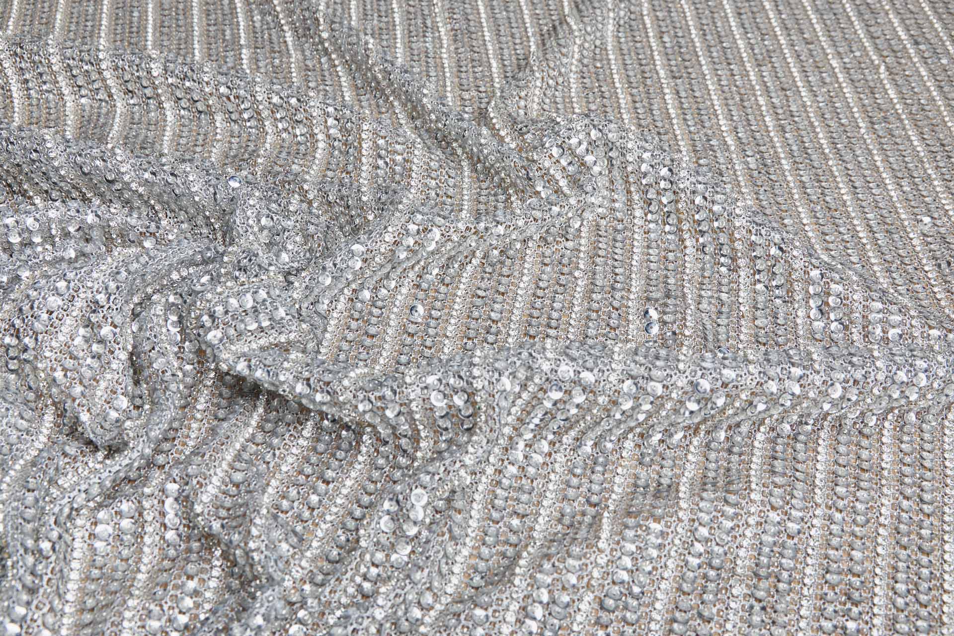 Metallic Mesh Fabric With Lines of Beads, Sequins and Diamante - Silver