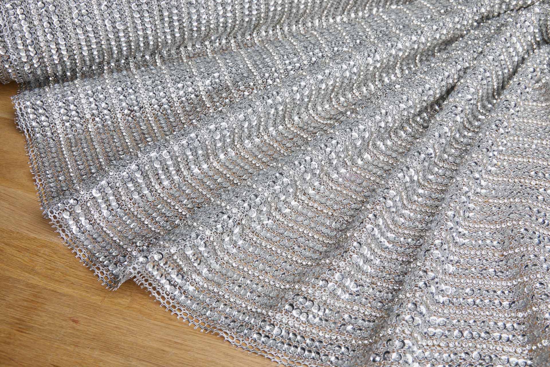 Metallic Mesh Fabric With Lines of Beads, Sequins and Diamante - Silver, image 5 of 6