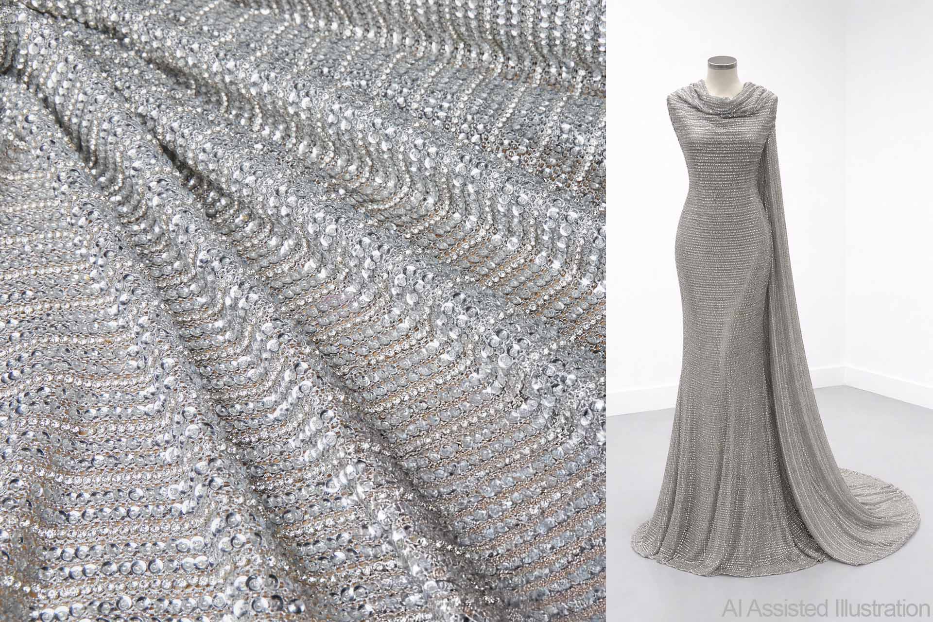 Metallic Mesh Fabric With Lines of Beads, Sequins and Diamante - Silver, image 2 of 6