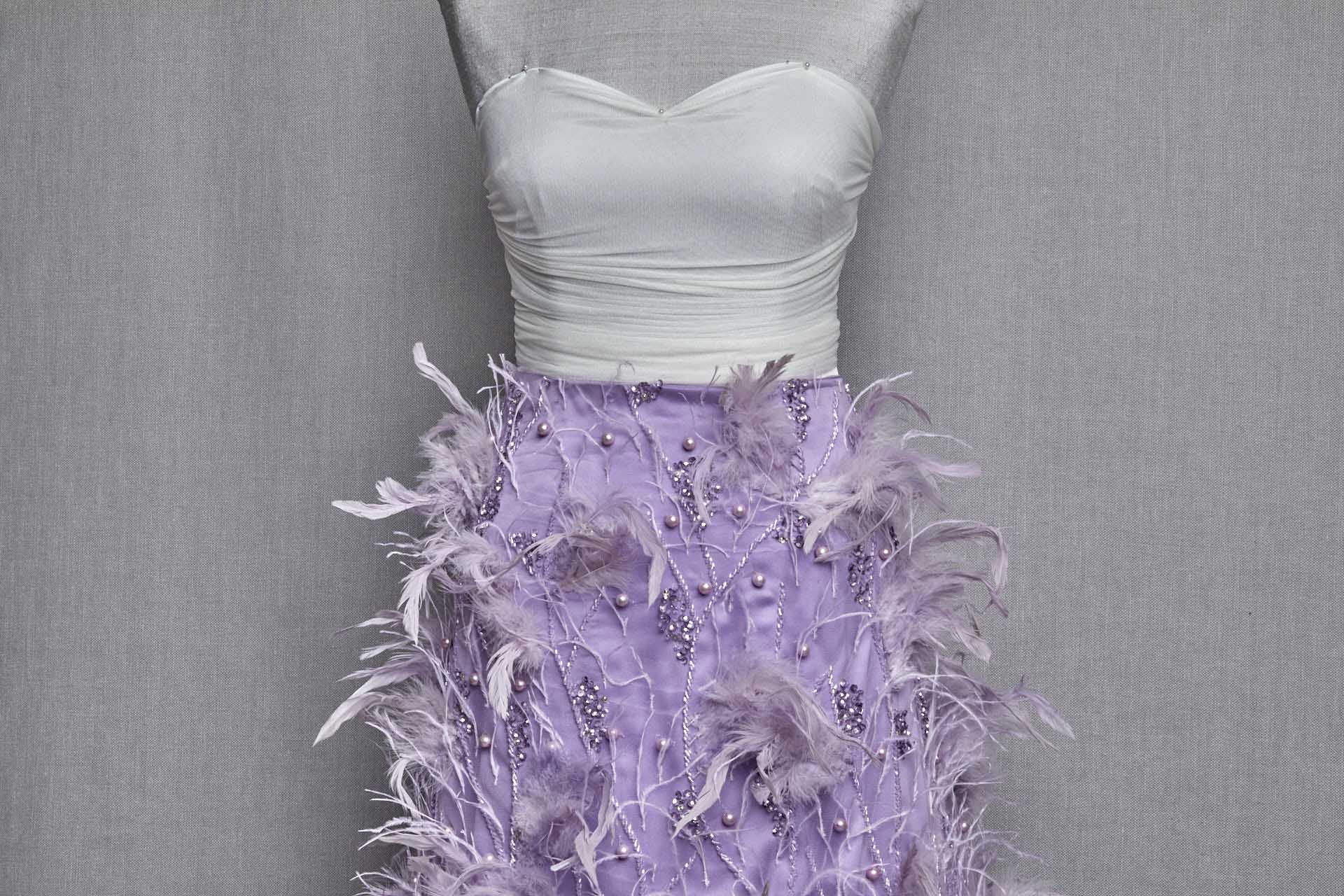 Beaded and Sequinned Tulle with Pearls and Feathers - Lilac fabric, image 2 of 6
